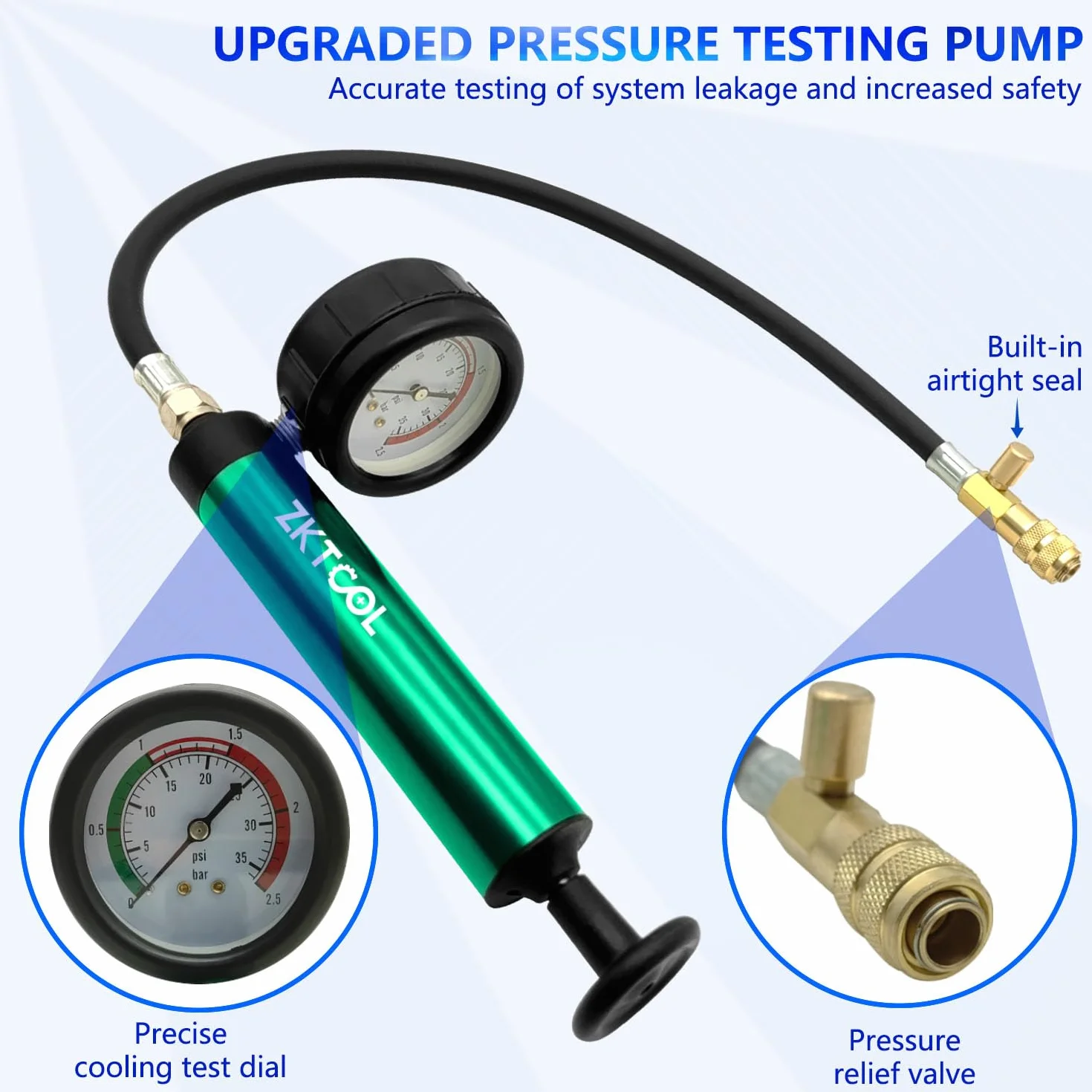 ZKTOOL Kit di prova della pressione del serbatoio del radiatore del motore, set di prova delle perdite del serbatoio dell'acqua, rilevatore di perdite di liquido refrigerante, strumento di riempimento