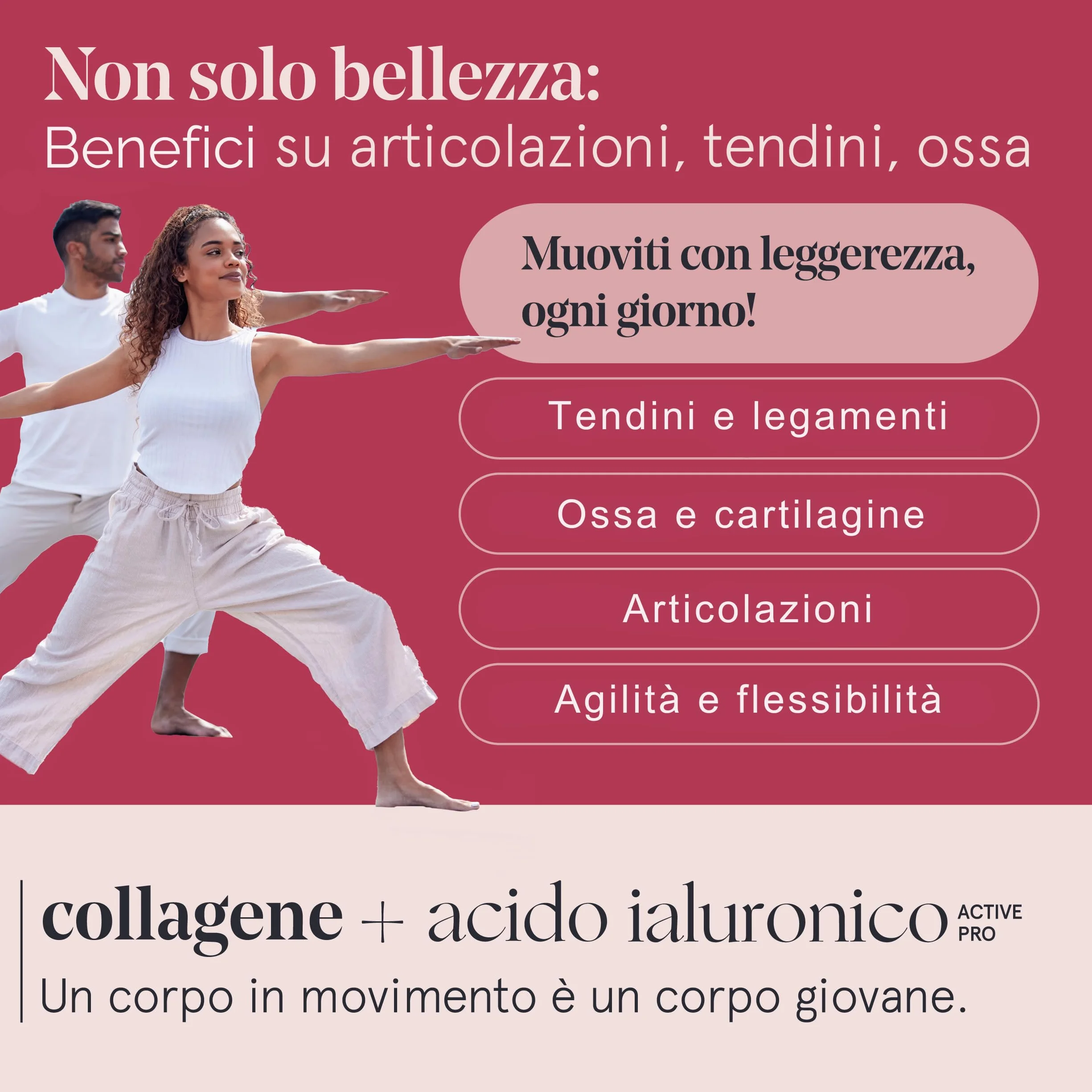 Collagene e Acido Ialuronico con Probiotico Bifidobacterium L. BLG1, Q10, Vitamina C, Zinco e Biotina