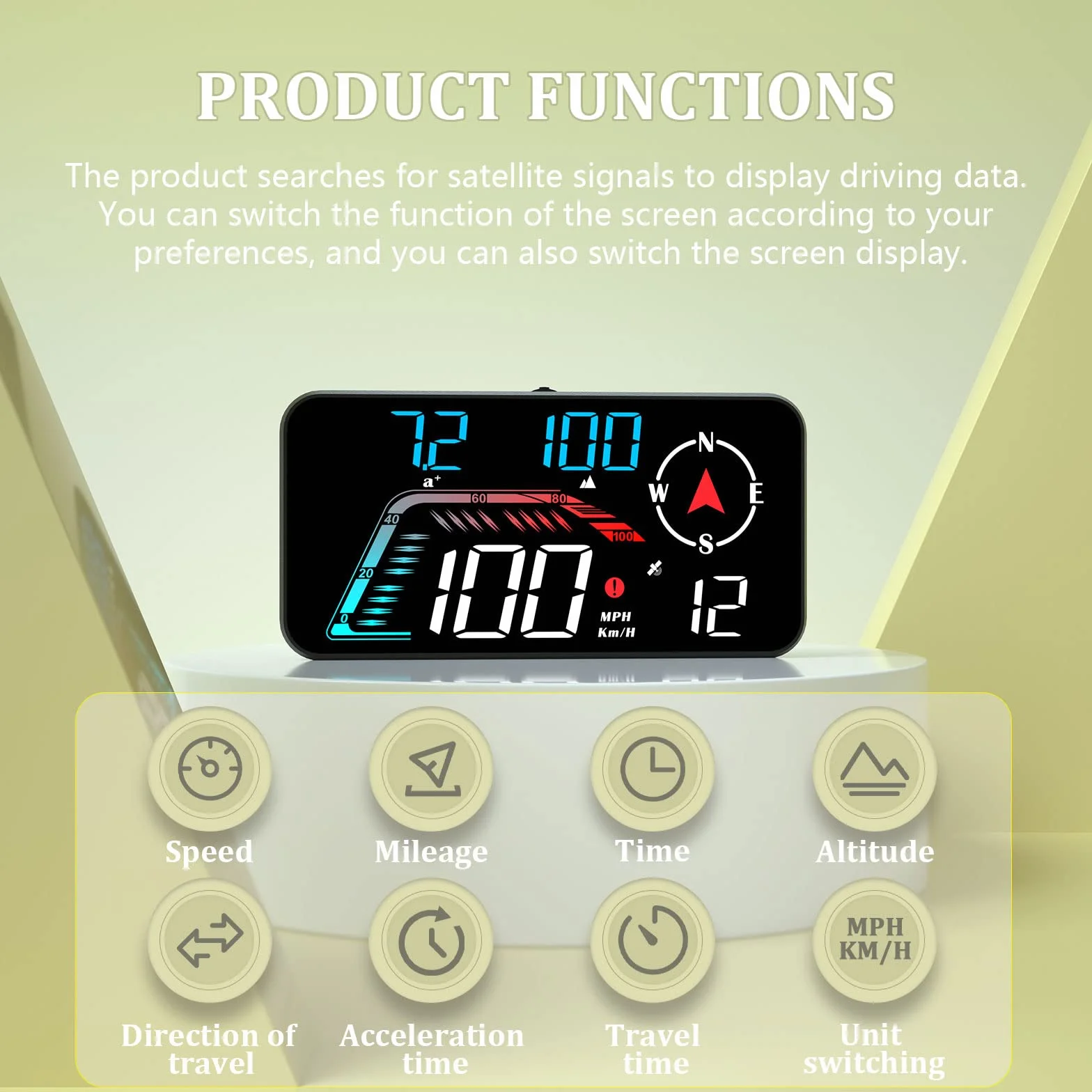 Grande schermo per auto Head up Display, KM/H e MPH, tachimetro GPS, con promemoria della velocità e promemoria della stanchezza alla guida, adatto a tutti i veicoli