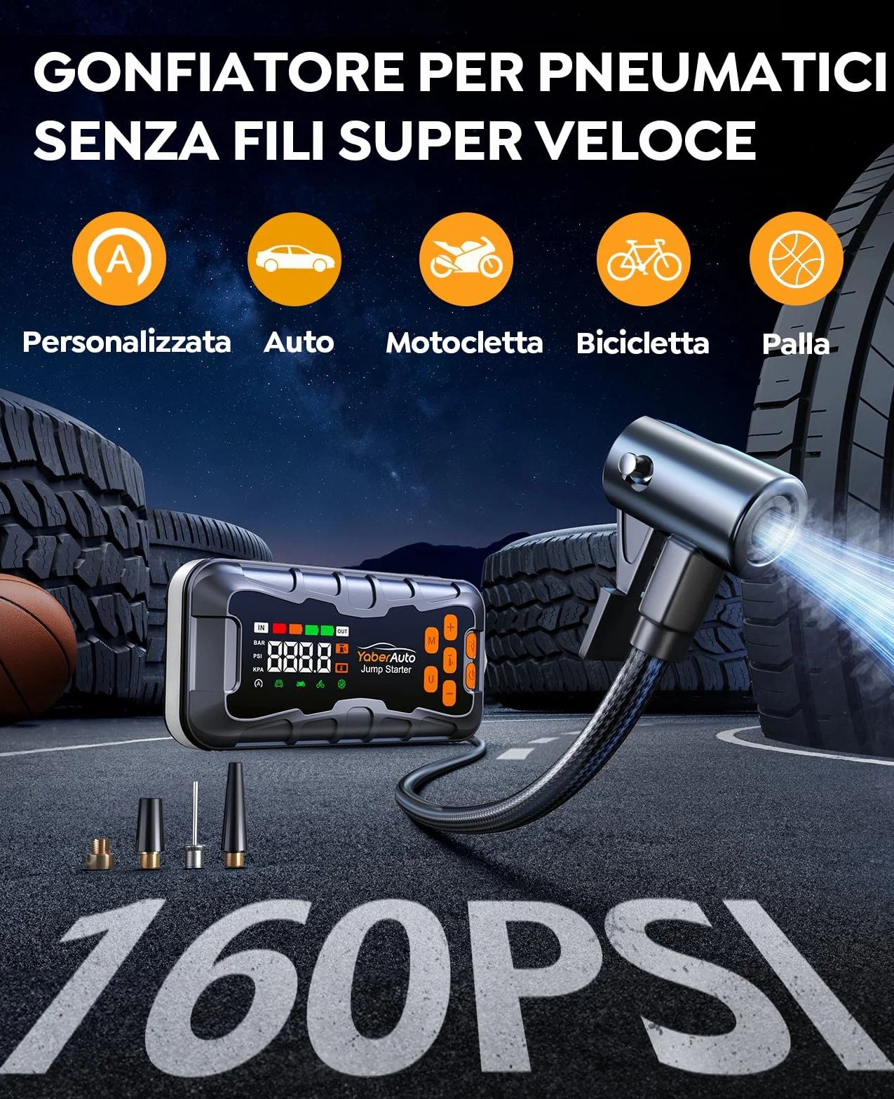 16-In-1 Avviatore Batteria Auto con Compressore 160PSI 8000A 27000mAh, Tutto Gas/14.0L Diesel Avviatore Emergenza per Auto/Moto 12V, YaberAuto Booster Avviamento Portatile Starter Batteria