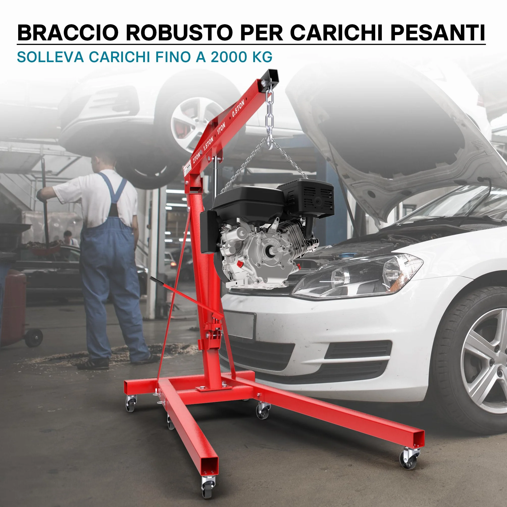 Wiltec gruetta idraulica da officina 2000kg, gru manuale pieghevole con doppia pompa