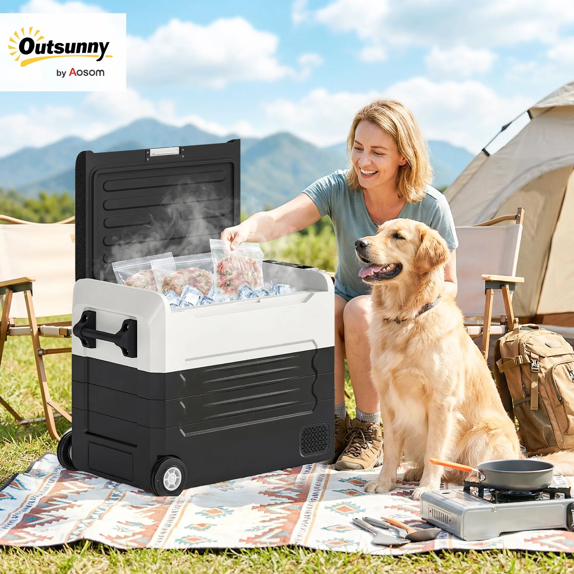 Outsunny Frigorifero Portatile per Auto 50L a Doppia Zona con Compressore, Frigo Elettrico Anti-Shock, APP Bluetooth, Ruote, Maniglia Pieghevole, 12V/240V, -20°C a 20°C, per Campeggio Camion Barca
