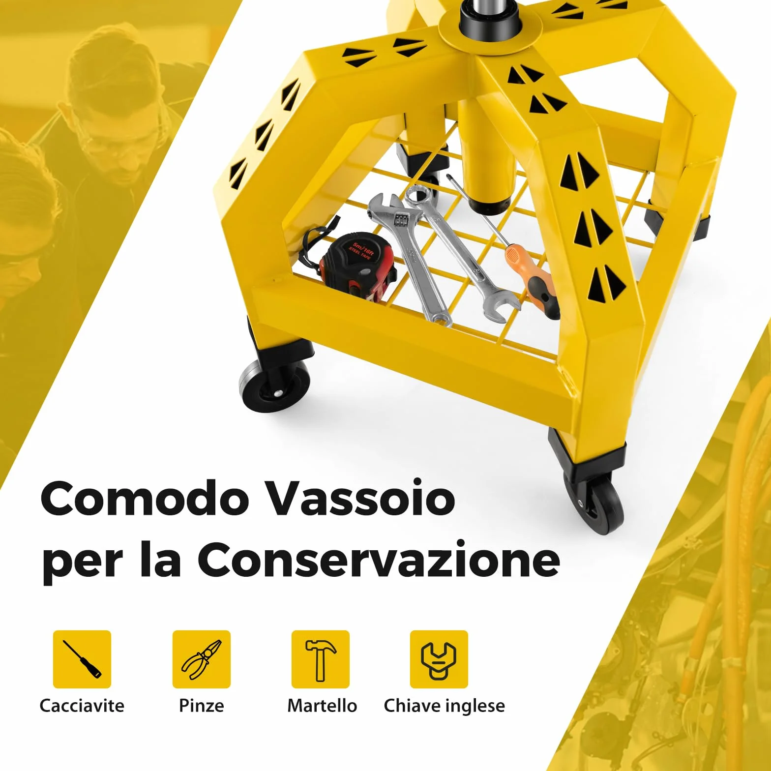 COSTWAY Sgabello da Officina, Sgabello Meccanico Rotante con Vassoio Porta Attrezzi, Regolabile in Altezza e 4 Ruote Universali, Capacità di 150 kg, per Garage, Officina (Giallo)