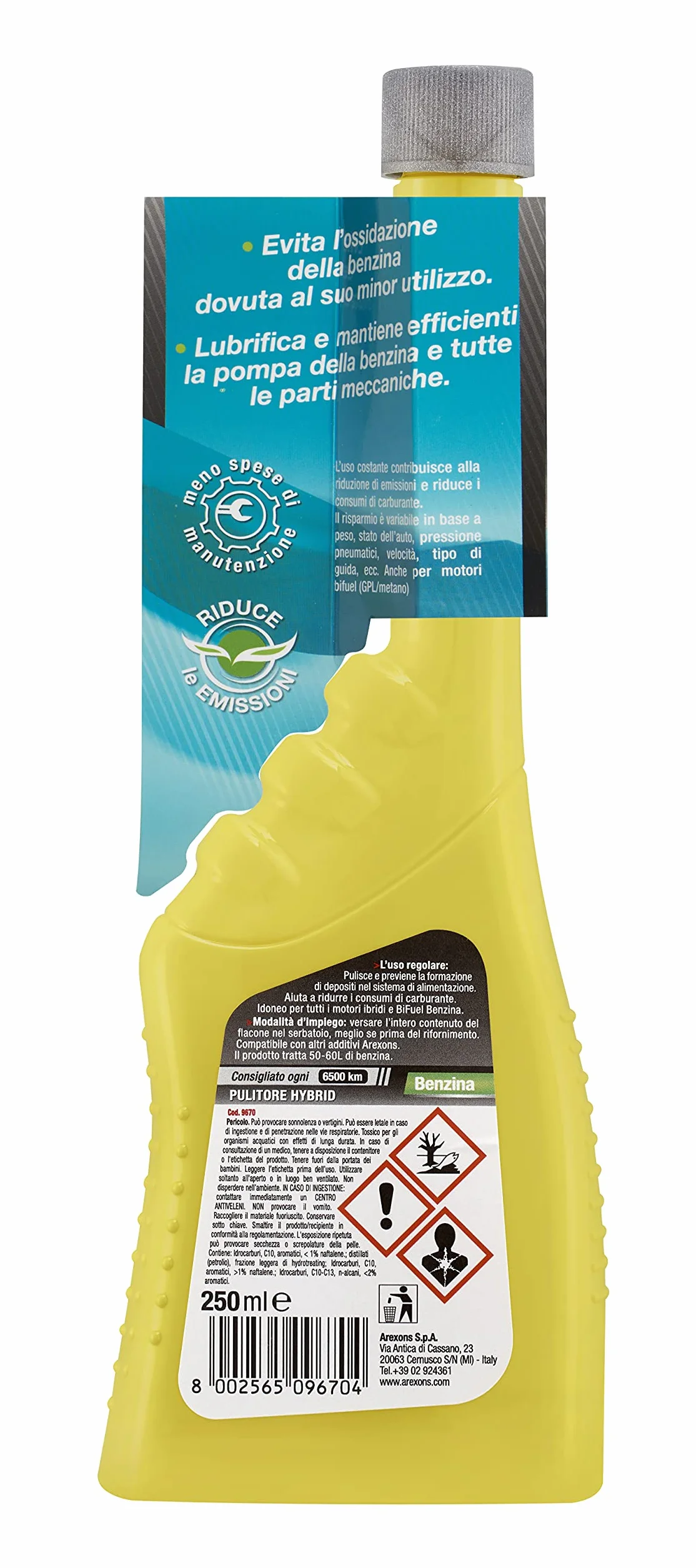 Arexons Additivo Pulitore Hybrid, 250 ml, Adatto per Auto Ibride e Bi-Fuel, Riduce Consumi e Spese Manutenzione, Pulisce Sistema di Alimentazione, Rimuove i Residui, Migliora Prestazioni Motore