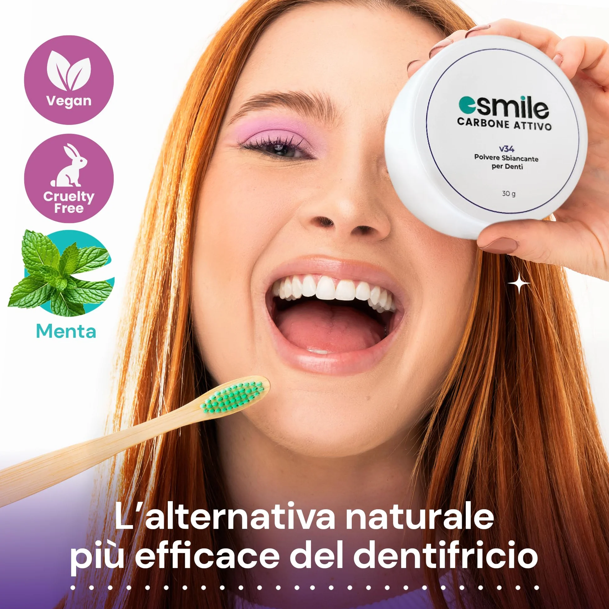 ESMILE Polvere Sbiancante Denti Immediato Carbone Attivo Naturale Menta Sbiancamento Professionale Pasta Denti Bianchi 30 gr