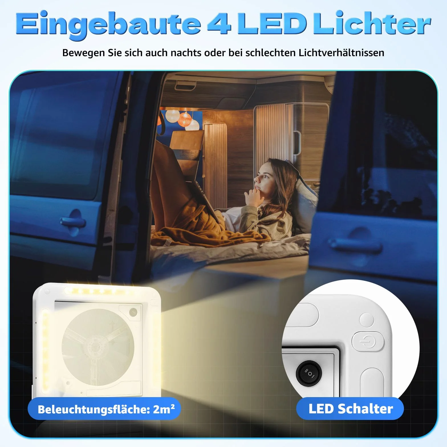 Ventilatore da tetto per camper 12V con sensore di pioggia LED 400x400 mm 10 velocità