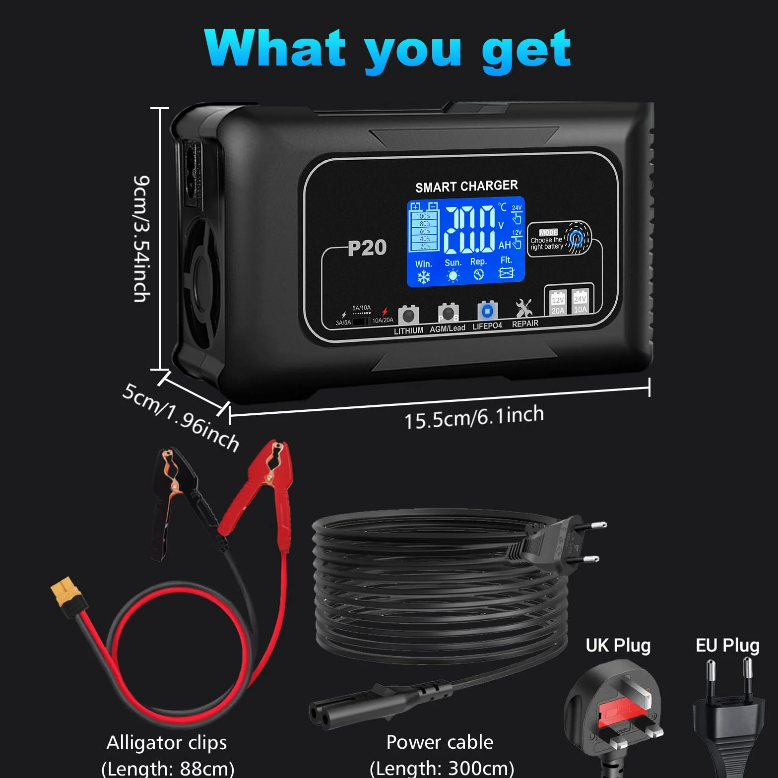 HTRC Carica Batteria per Auto 12V/20A ＆ 24V/10A, Caricabatterie Auto e Mantenitore di Carica Auto, Caricatore Batteria Auto, Carica Batteria Auto per Litio, LiFePo4 e Piombo Acido(AGM, GEL, MF, EFB)