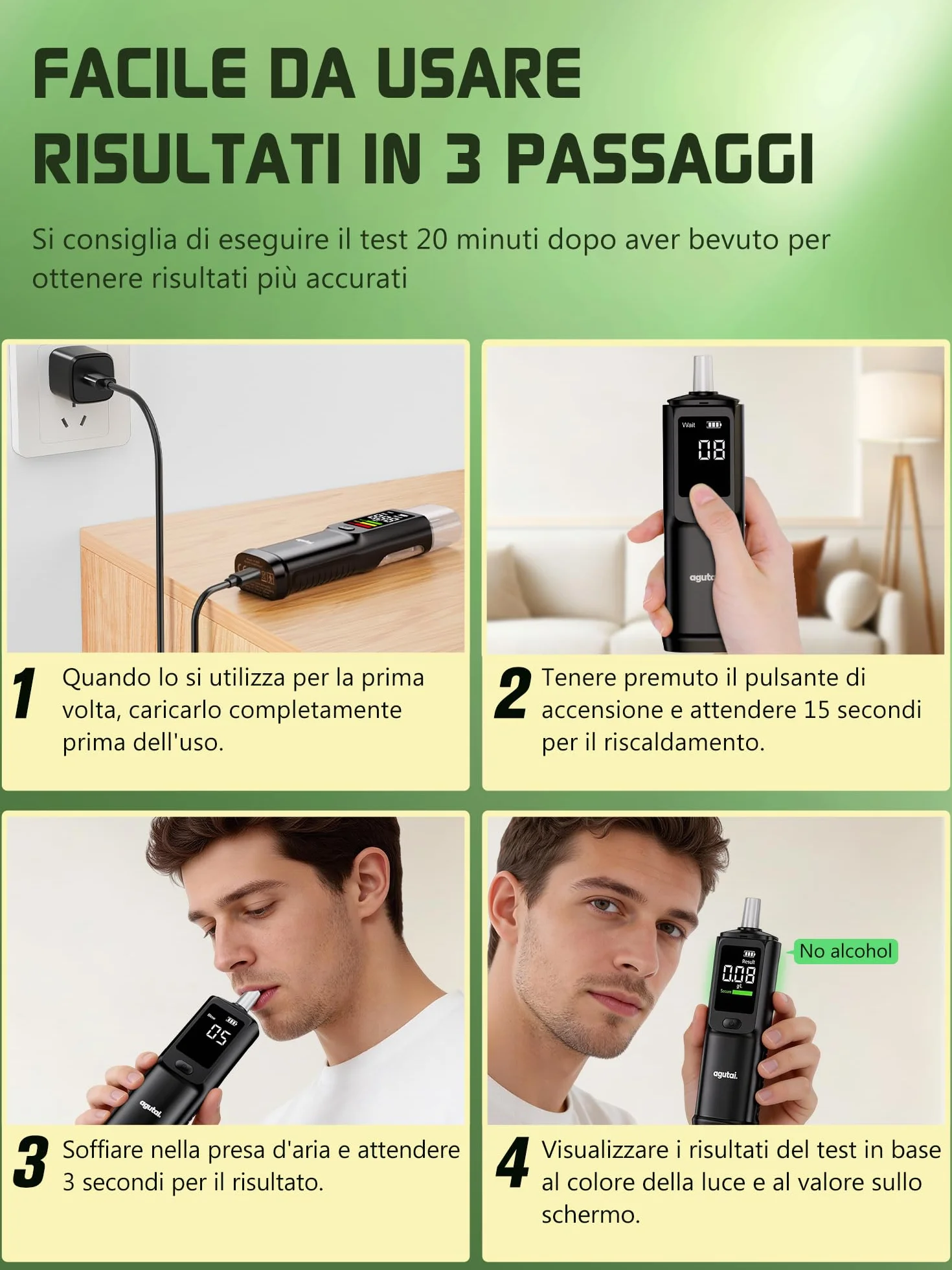 Etilometro Portatile Certificato USB C Ricaricabile Alcol Test con Display LCD - 10 Bocchini