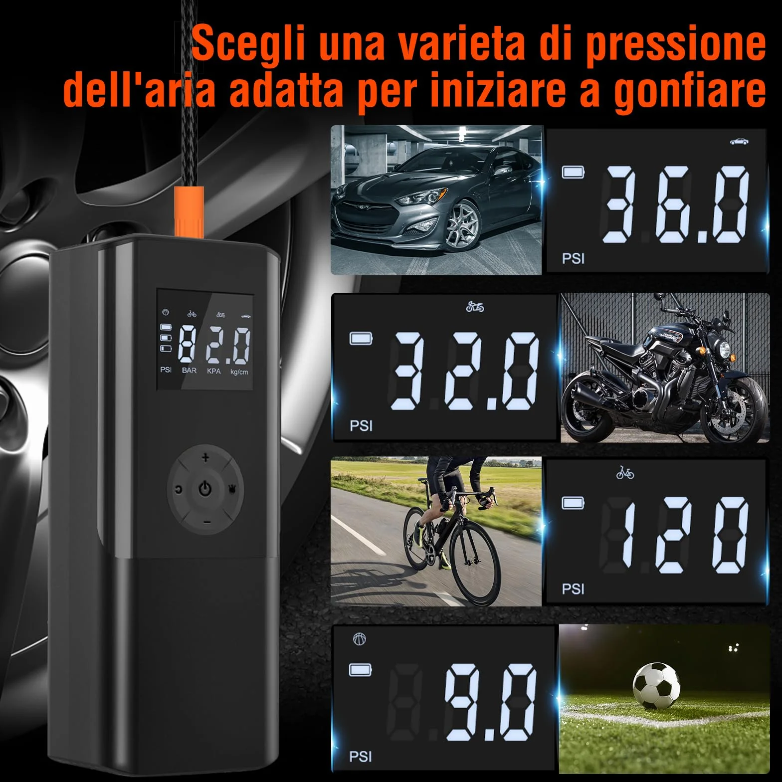Compressore Aria Portatile 150PSI 6000mAh Auto 15L/min con Luce LED e Display LCD
