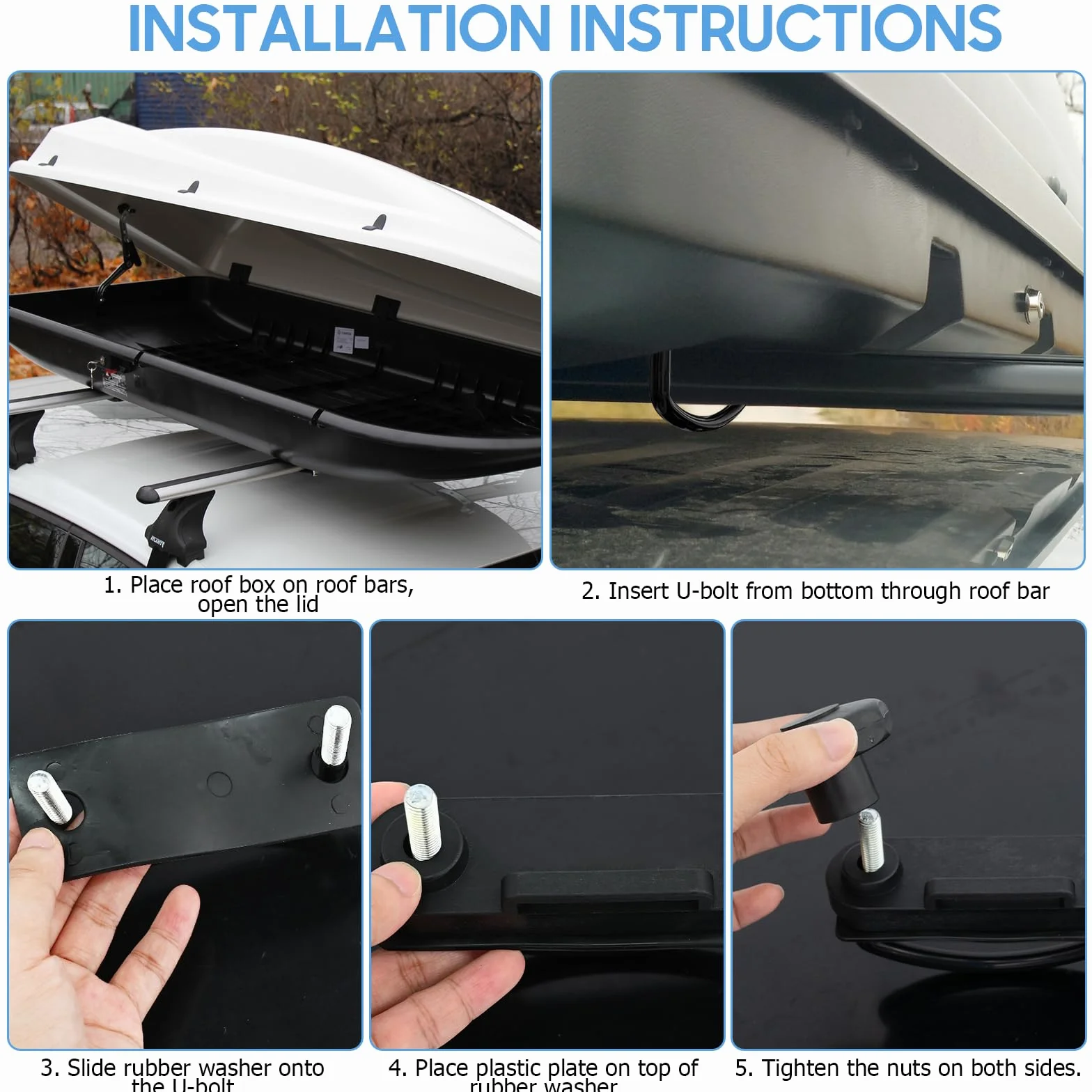 Fissaggio per Box da Tetto, 4 Morsetti a U Fissaggio, Larghezza Interna 85mm, con 8 Dadi di Bloccaggio per Impieghi Gravosi e 2 Bende, Compatibile con Auto SUV e Crossover