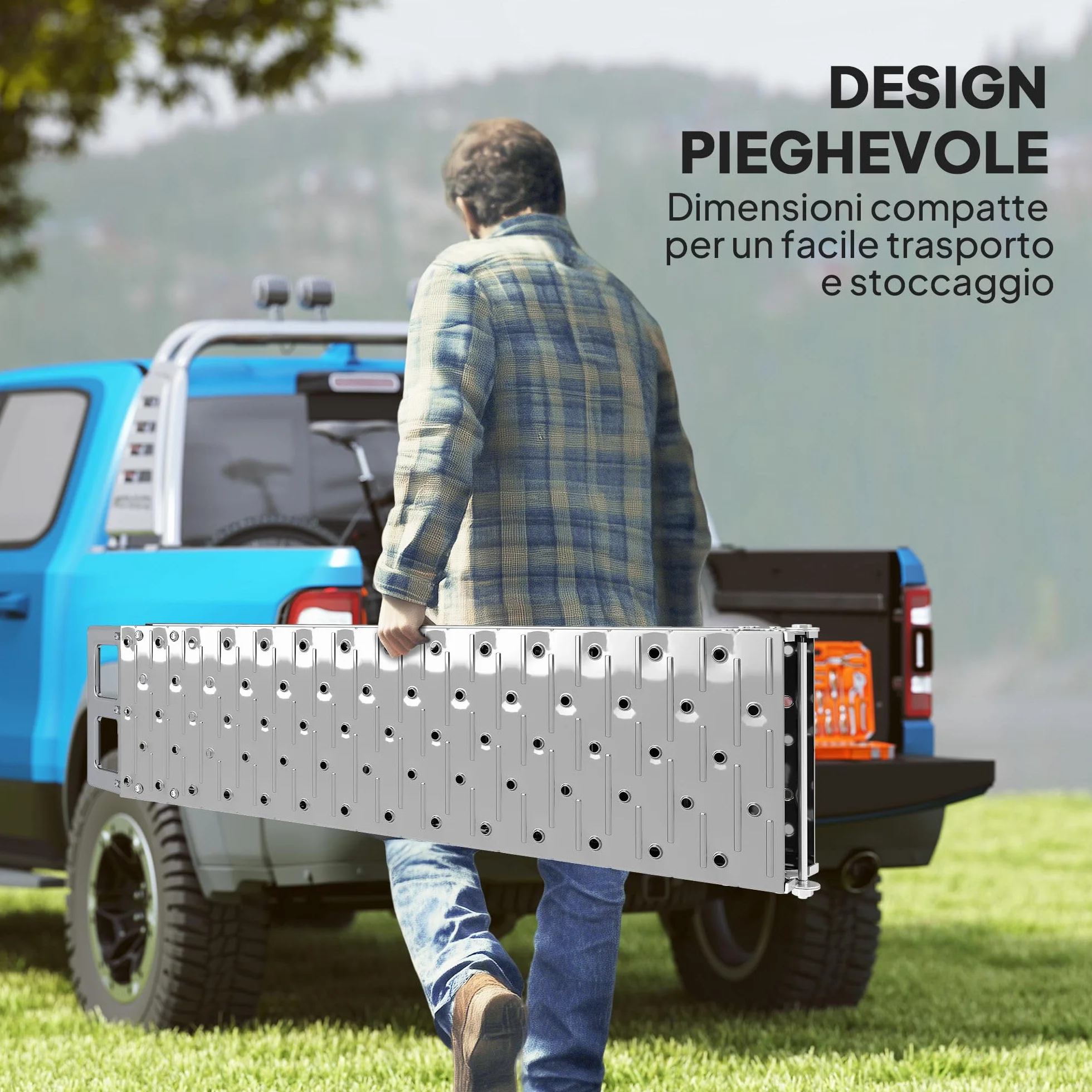 HOMCOM Rampa di Carico Pieghevole in Acciaio con Carico Massimo 230 kg, Rampa per Moto Antiscivolo Salvaspazio per Ruote Larghe 22 cm, per Motociclette e Bici, 190x22x8 cm, Argento