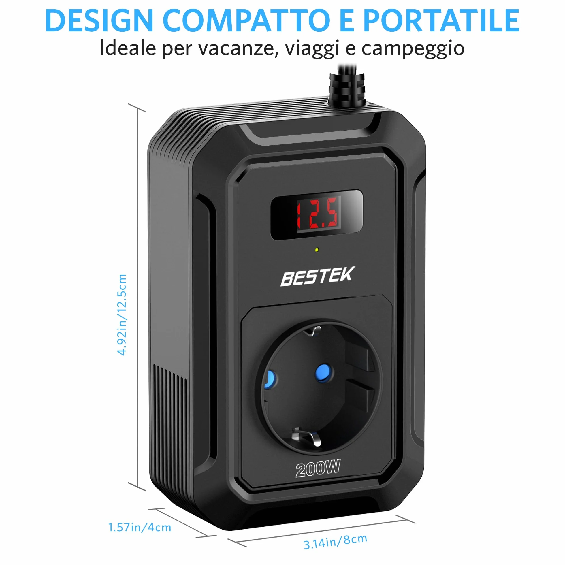 BESTEK Inverter di tensione 200 W 12 V a 240 V 230 V AC con 3 prese, 2 porte USB 18 W e 2 porte USB-C