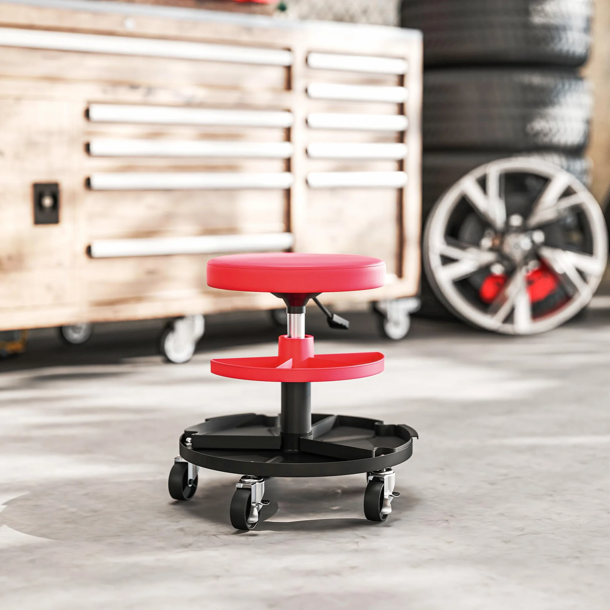 HOMCOM Sgabello da Officina con Ruote, Altezza Regolabile 40-51 cm, Sedile Imbottito, Capacità 135 kg, Rosso