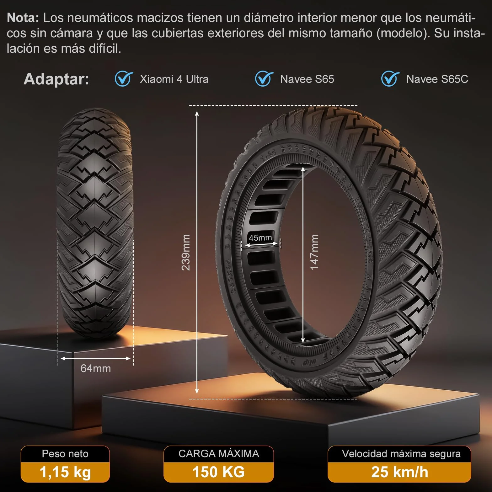 250 x 64 pneumatici completi per Xiaomi 4 Ultra, Navee S65, Navee S65C, scooter elettrico 250 x 64 fuoristrada, pneumatici solidi da 10 pollici, pneumatici in gomma piena, accessori di