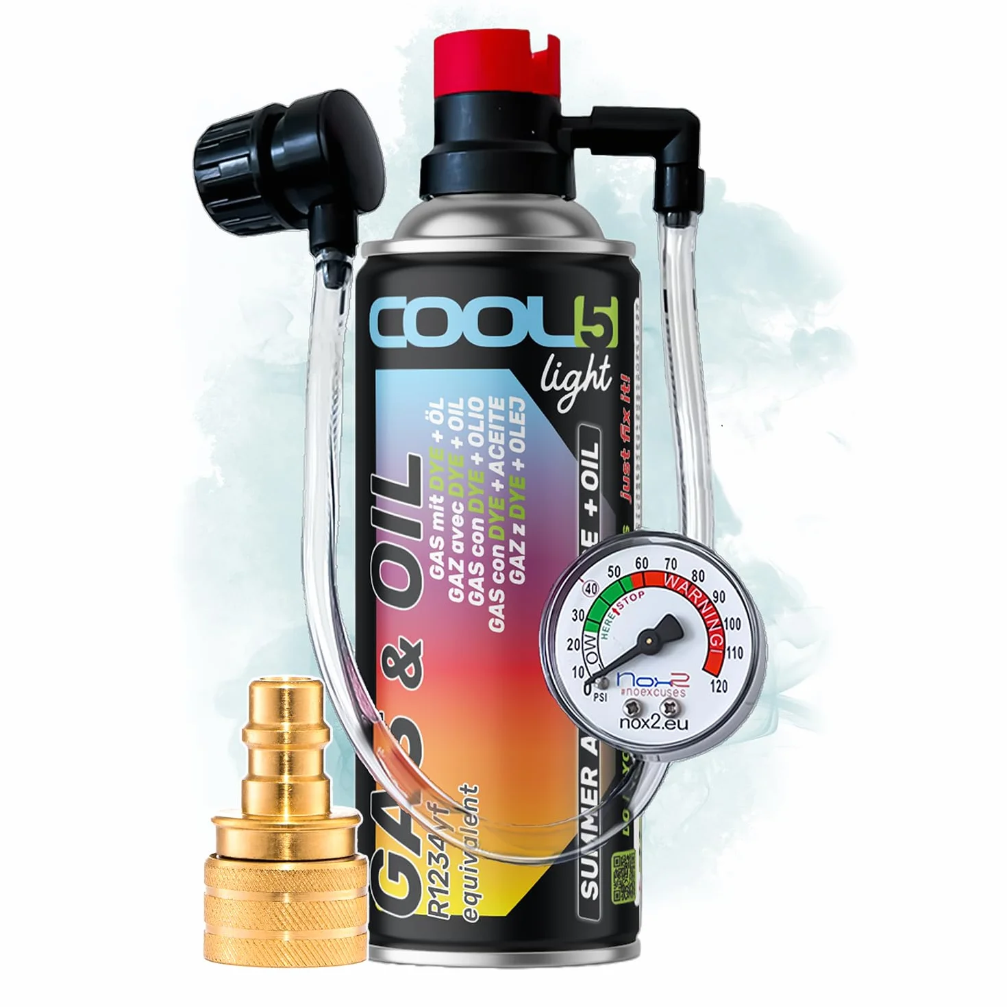 Hobby - Ricambio per refrigerante R1234yf, Ricambio per Gas Klimagas R1234yf, sigillante per condizionatori d'Aria R1234yf, 1 Barattolo 2 in 1 r1234yf con Tubo Integrato con manometro
