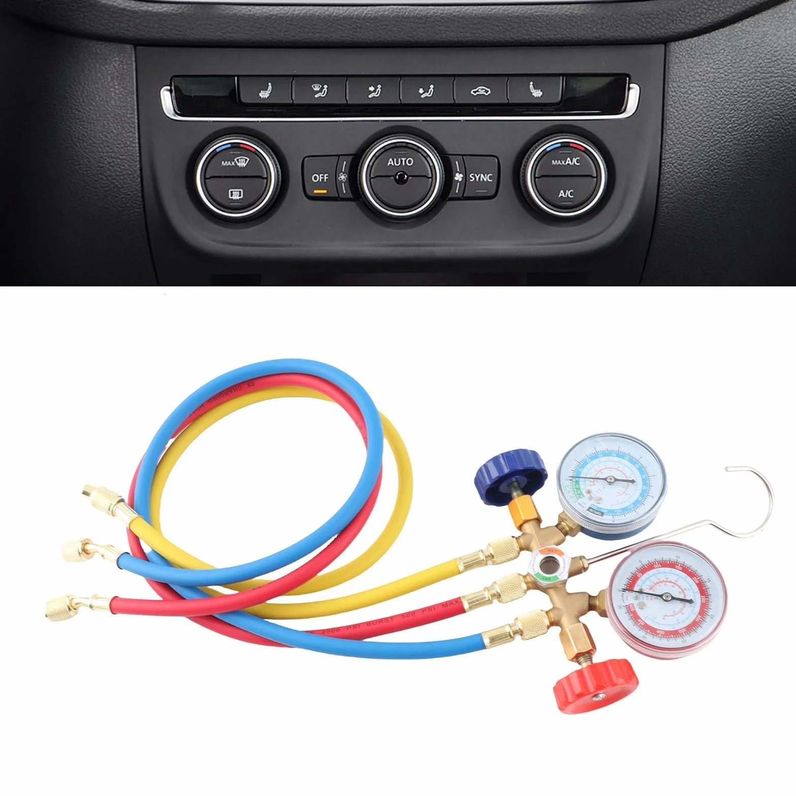Set di misuratori diagnostici a 3 vie A/C, strumenti di condizionamento del refrigerante Set di misuratori diagnostici CA con kit tubo e gancio
