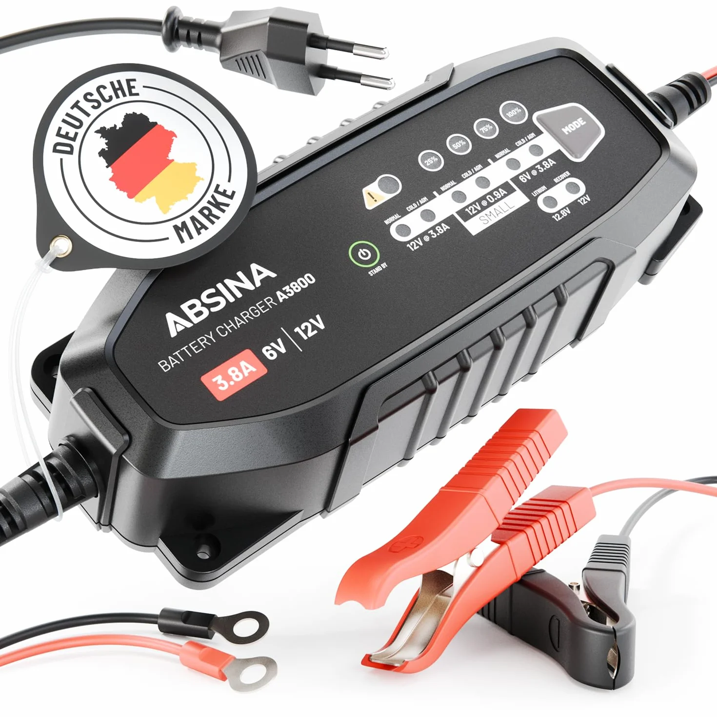 ABSINA Caricabatterie auto automatico - Carica batteria per auto per batterie al piombo-acido da 6V e 12V fino a 120Ah e 12,8V al litio - Mantenitore di carica auto AGM per moto, caravan e altro