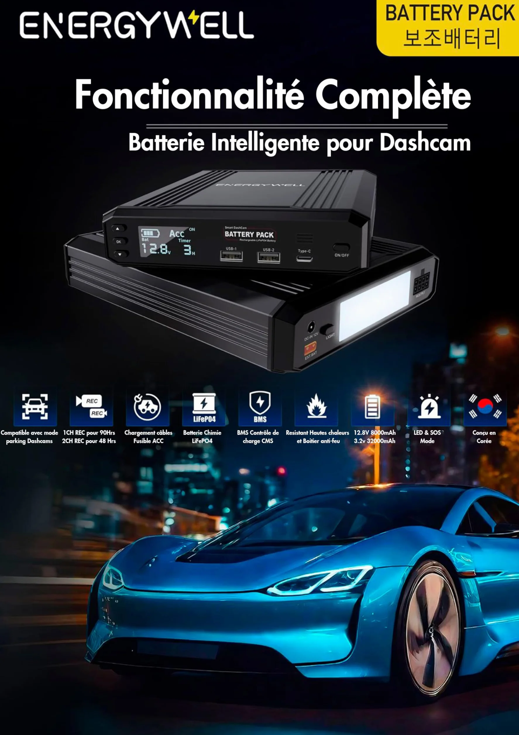 Batteria esterna EnergyWell P6 8000 mAh Dashcam USB x 2 USB C LCD Screen