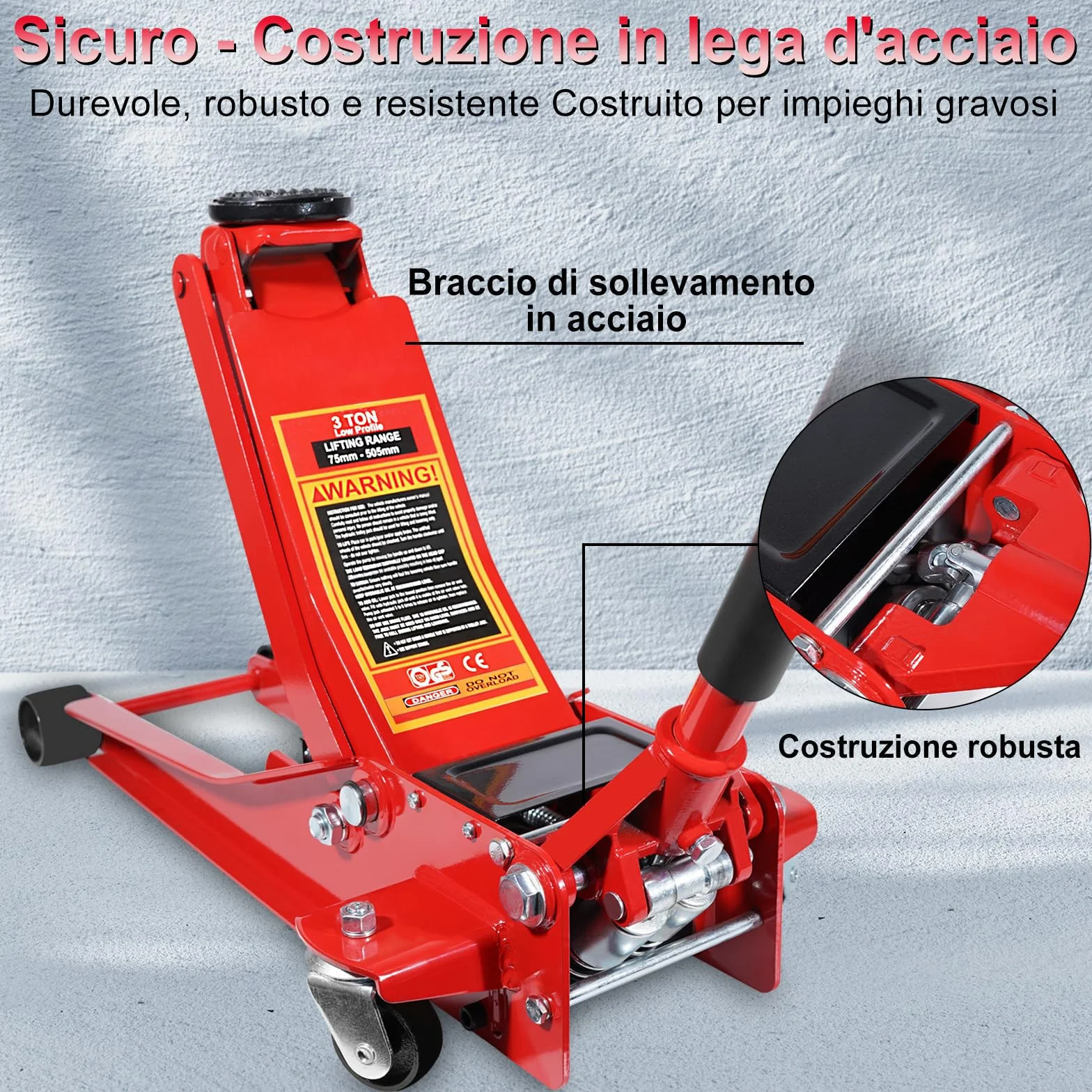HYCHIKA Cric a carrello da corsa in acciaio,ultra basso profilo con pompa a sollevamento rapido a doppio pistone,capacità 3 tonnellate