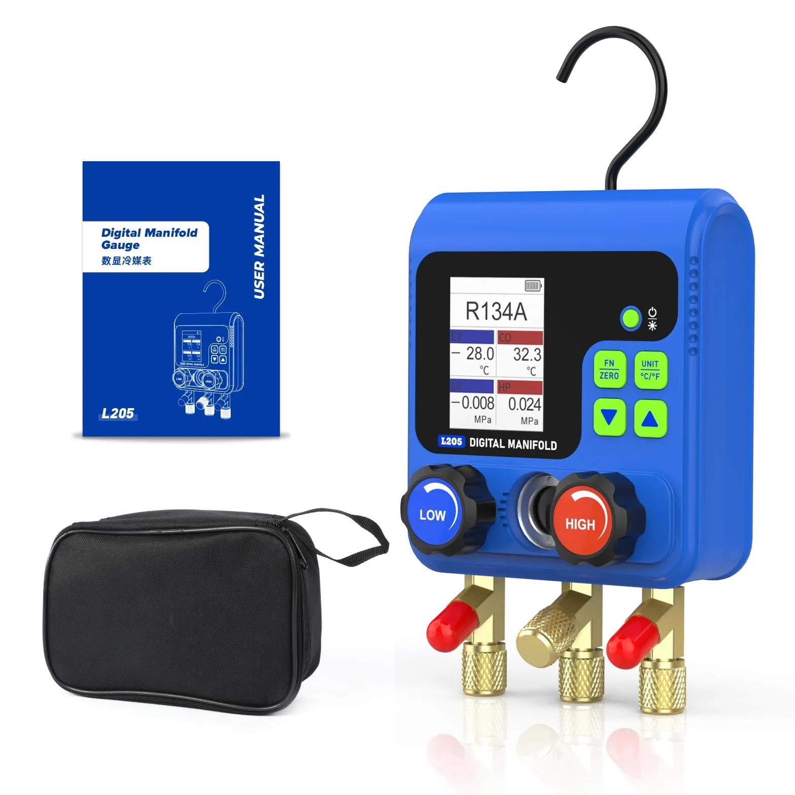 PLAYOCCAR HVAC Indicatori 92 tipi di kit di manometri digitali del refrigerante con TFT LCD, doppio test di pressione,Kit di ricarica del refrigerante Manometro per aria condizionata sottovuoto
