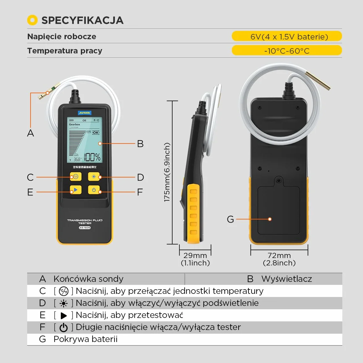 Tester del fluido di trasmissione, Tester dell'olio della trasmissione automatica Rivelatore di trasparenza del fluido di trasmissione Strumento di prova diagnostico Analizzatore Meter