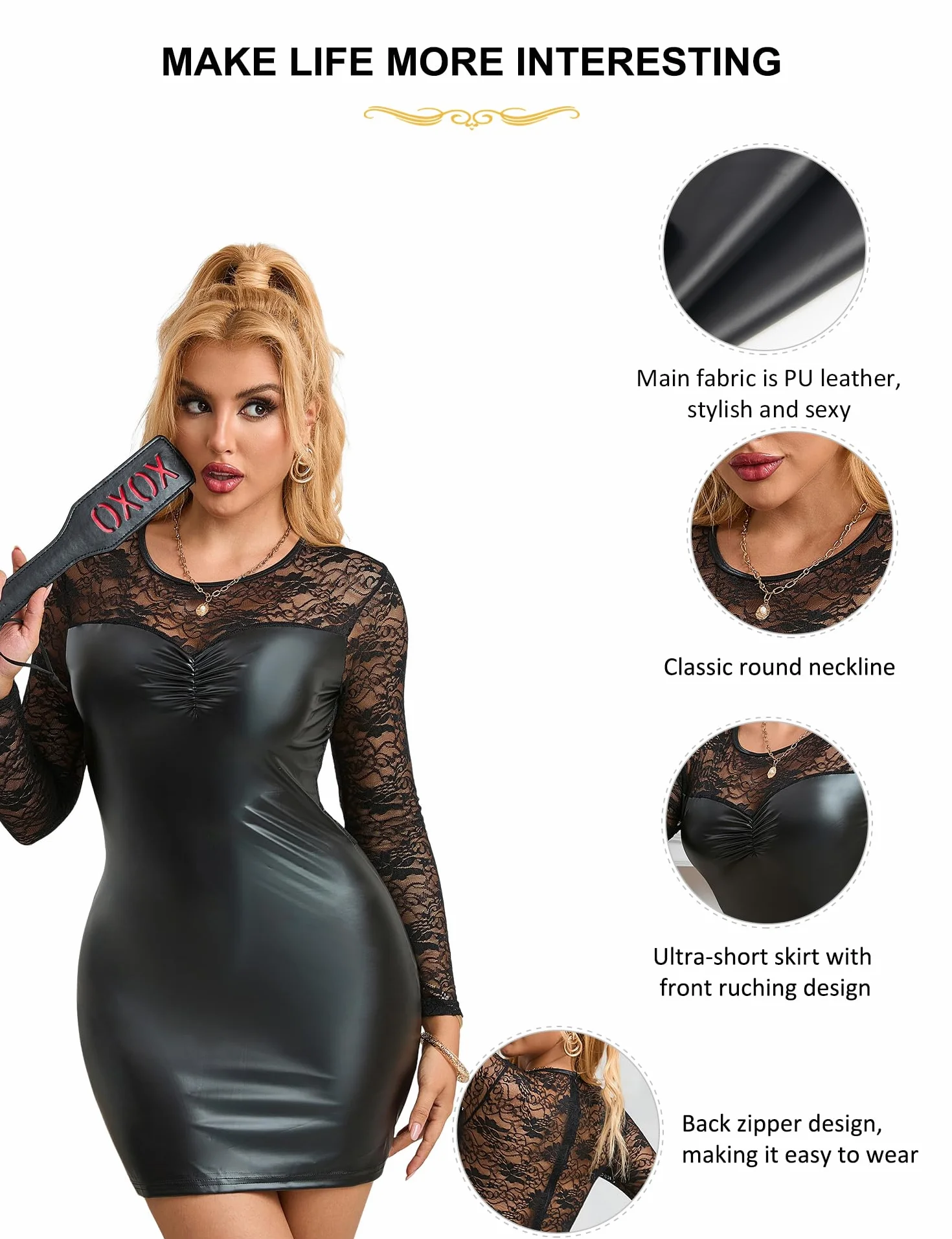 Abito da Donna in Pelle PU Wetlook Vestito Tubino Miniabito Maniche Lunghe Sexy Taglie Forti S-2XL