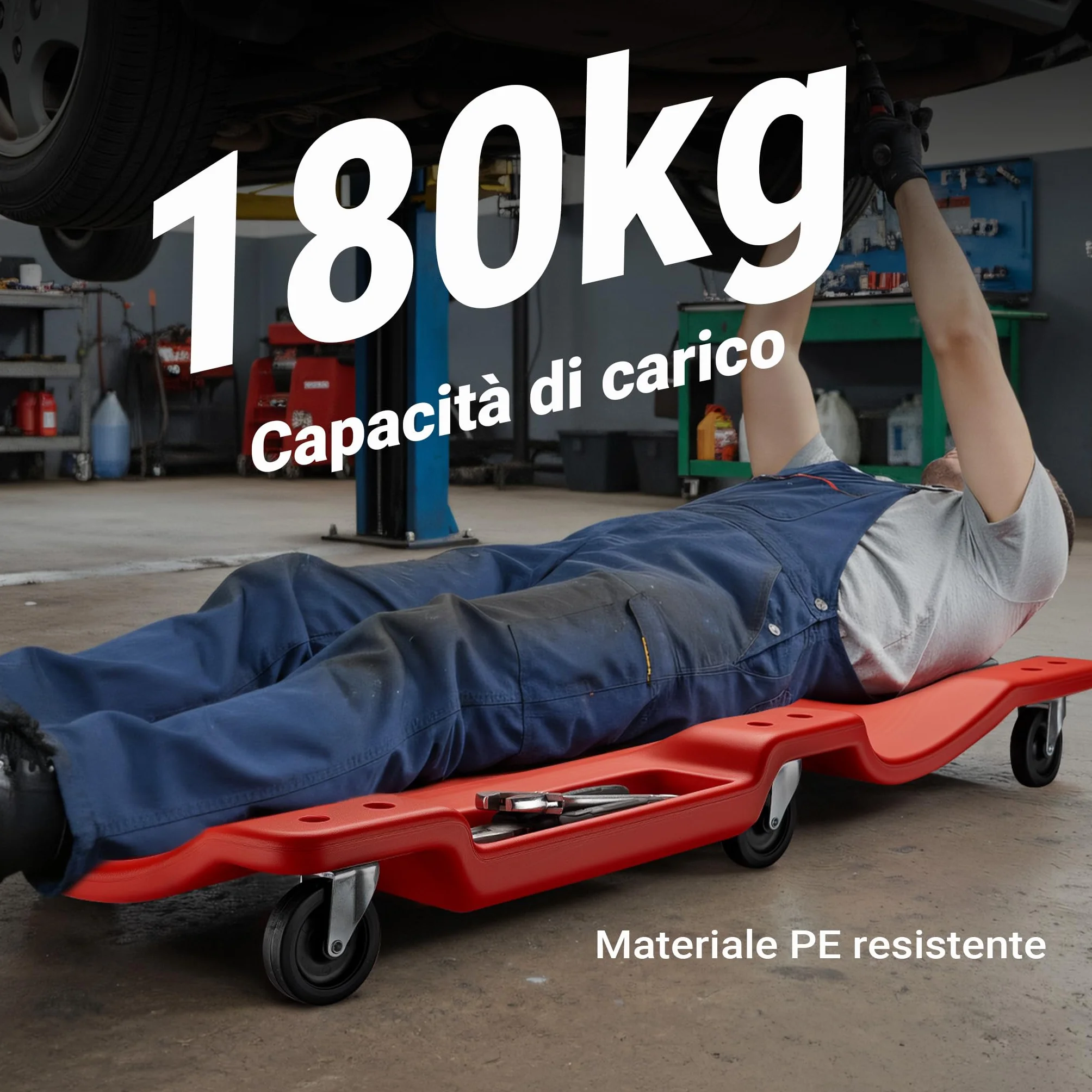 Wiltec Sdraio da Officina 103x50x10cm Lettino da Meccanico Poggiatesta Rimovibile Porta-Attrezzi Max 180kg