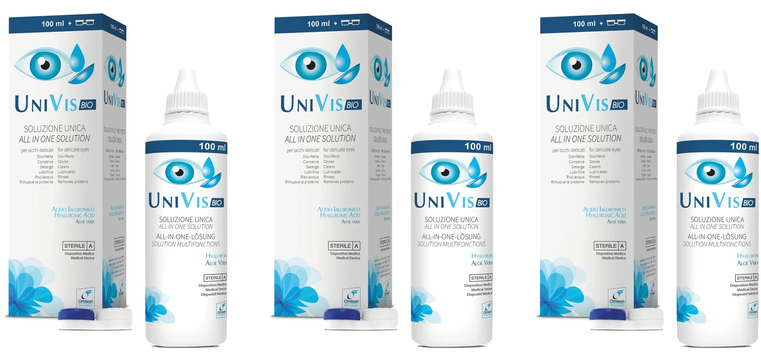 Univis Bio Soluzione Unica Lenti a Contatto Acido Ialuronico Aloe Vera 3x100 ml Portalenti