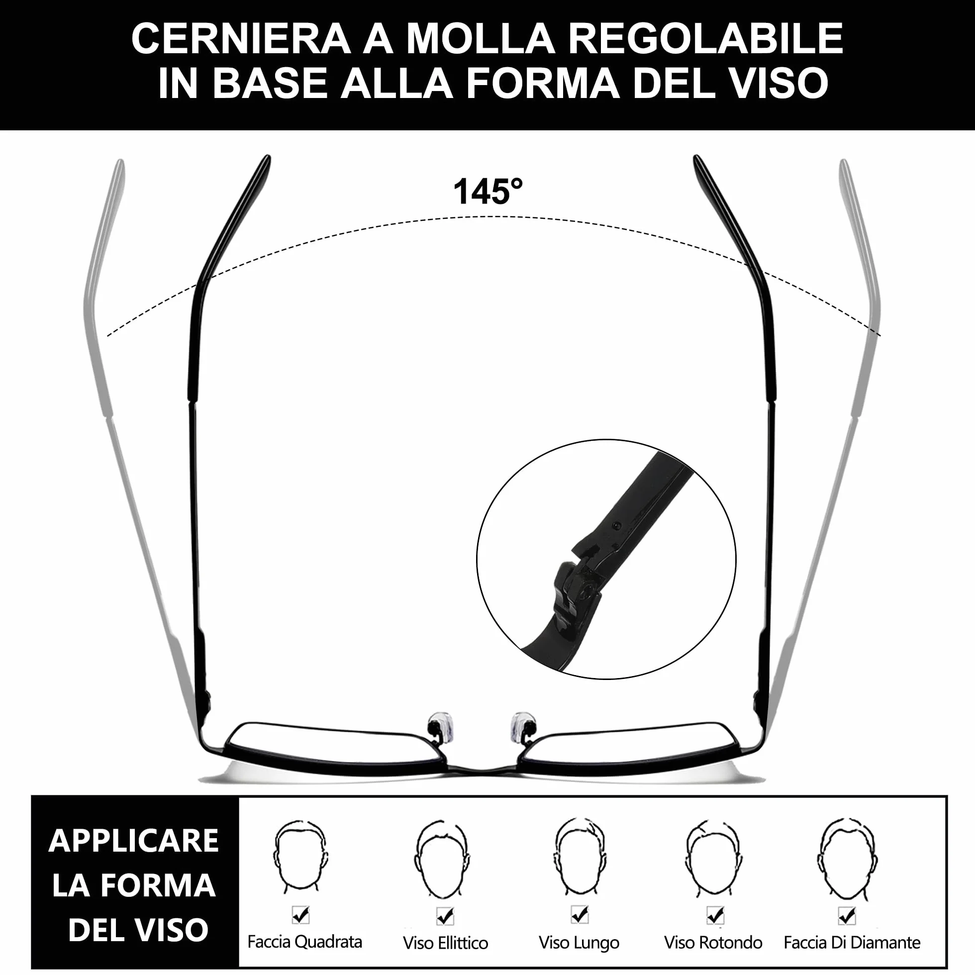 Occhiali da Lettura Uomo Anti-Luce Blu Montatura Metallica Ultraleggera Cerniere a Molla 2 Paia