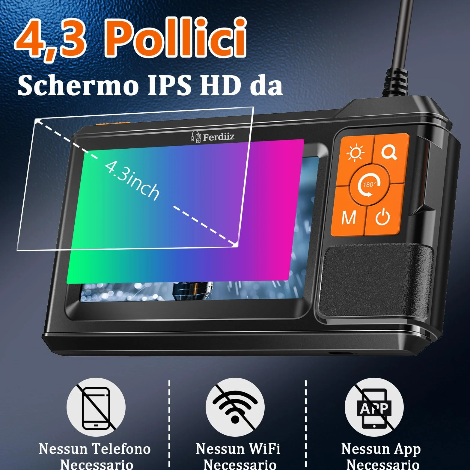 Endoscopio Industriale HD 1920P Telecamera Endoscopica IPS 4,3" IP67 Cavo Semirigido 10M