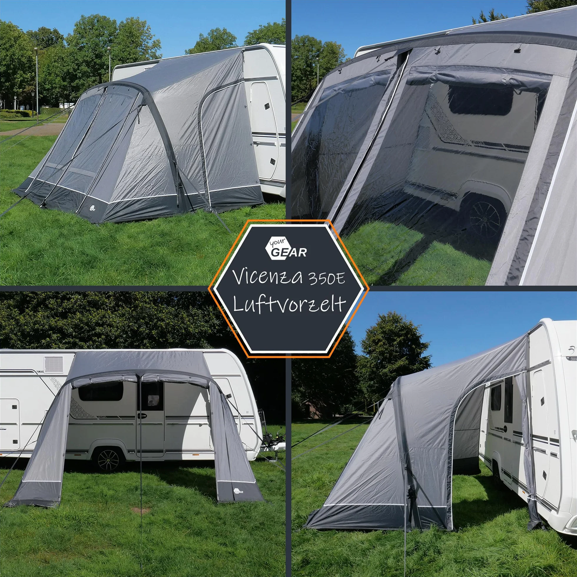 your GEAR, tenda gonfiabile Vicenza 350E AIR - tenda gonfiabile 350 x 250 cm per roulotte con protezione solare UPF 50+ e colonna d'acqua 5000 mm, tenda grigia per camper e roulotte inclusa di pompa