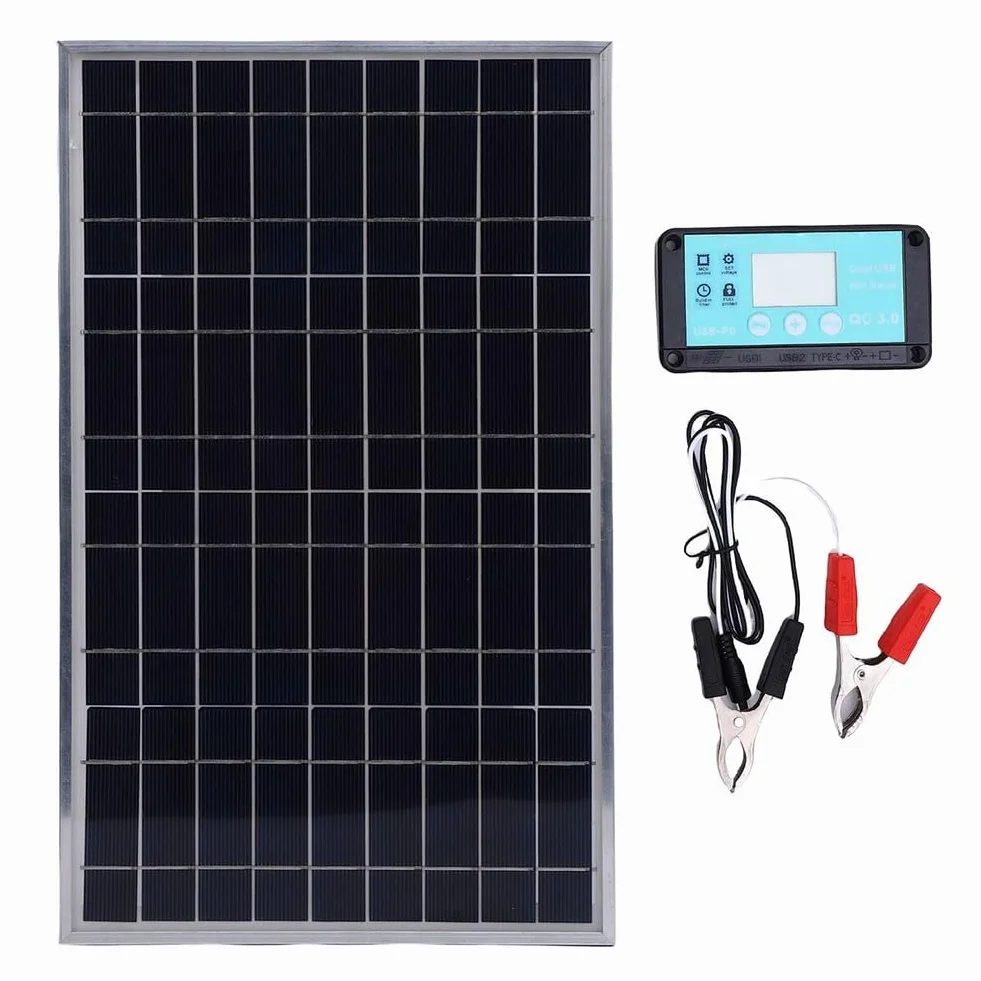 Pannello Solare 200W 12V IP65, Caricatore/Mantenitore Trickle per Batteria Auto Barca Camper, Celle Policristalline, 20%Alta Efficienza, Protezione Scarica Inversa e Sovraccarico, Portatile33,5×20,5cm