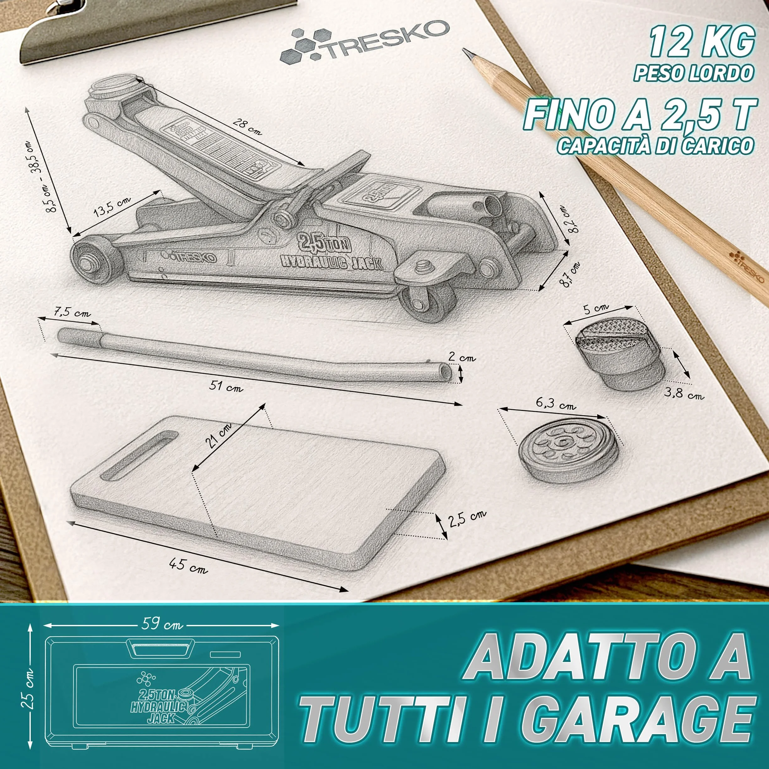 TRESKO Cric idraulico 2,5T altezza 85-385 mm con valigetta