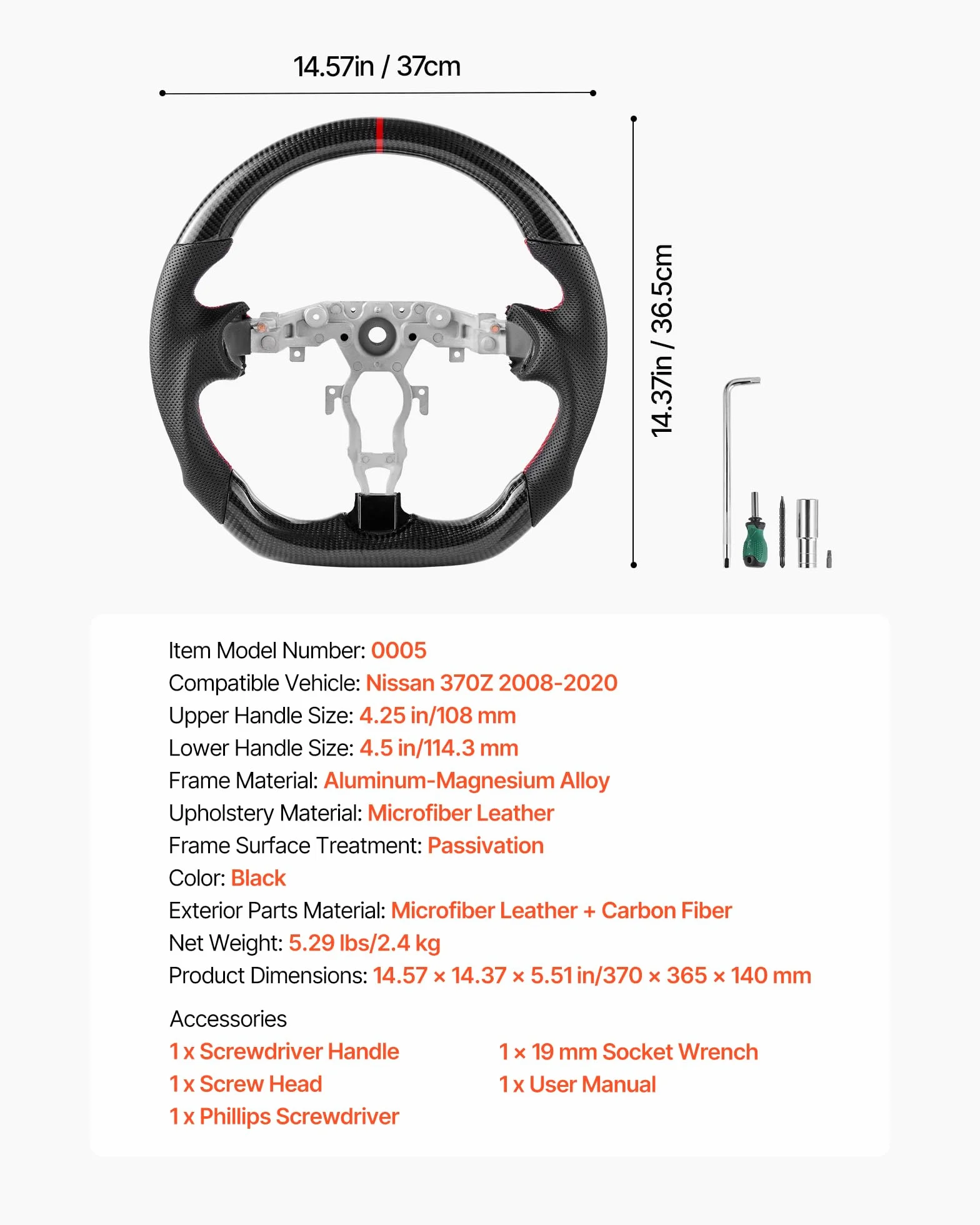 VEVOR Volante per Nissan 370Z 2008-2020, Volante in Fibra di Carbonio a Forma di D con Fondo Piatto, Impugnatura in Pelle con Trama Antiscivolo e Cuciture Precise, Accessori di Ricambio