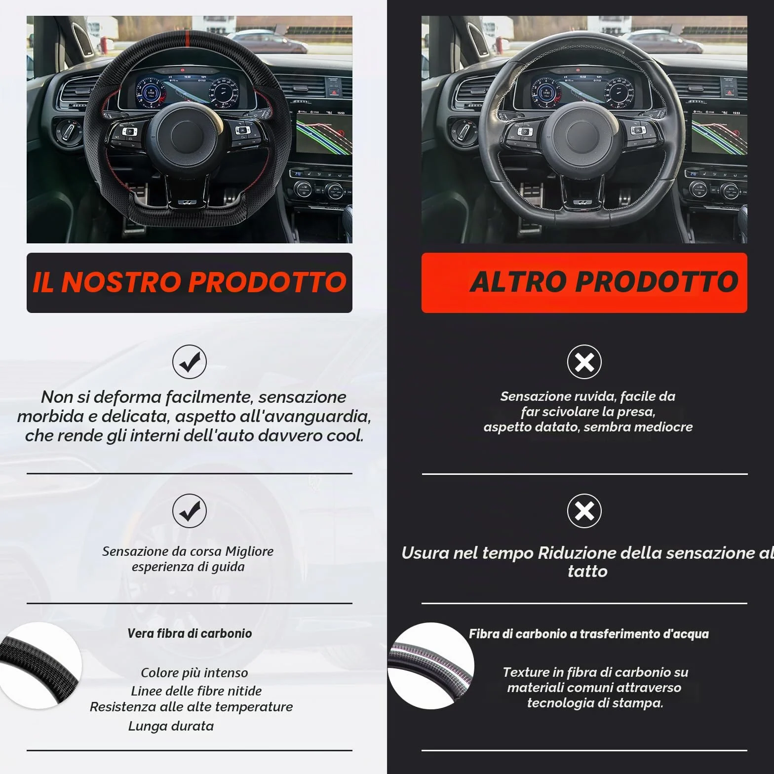 Volante in fibra di carbonio, volante in pelle, volante a forma di D, con fondo piatto e cuciture rosse, manopola in pelle traforata per VW Volkswagen Golf MK7 GTI/R 2015-2019