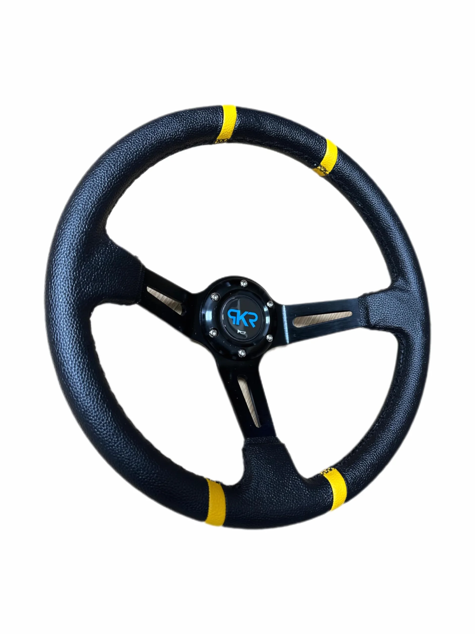 PKR VOLANTE SPORTIVO A CALICE NERO CON STRISCE GIALLE SPORTIVO UNIVERSALE AUTO RALLY SPORT GARE RADUNI TUNING