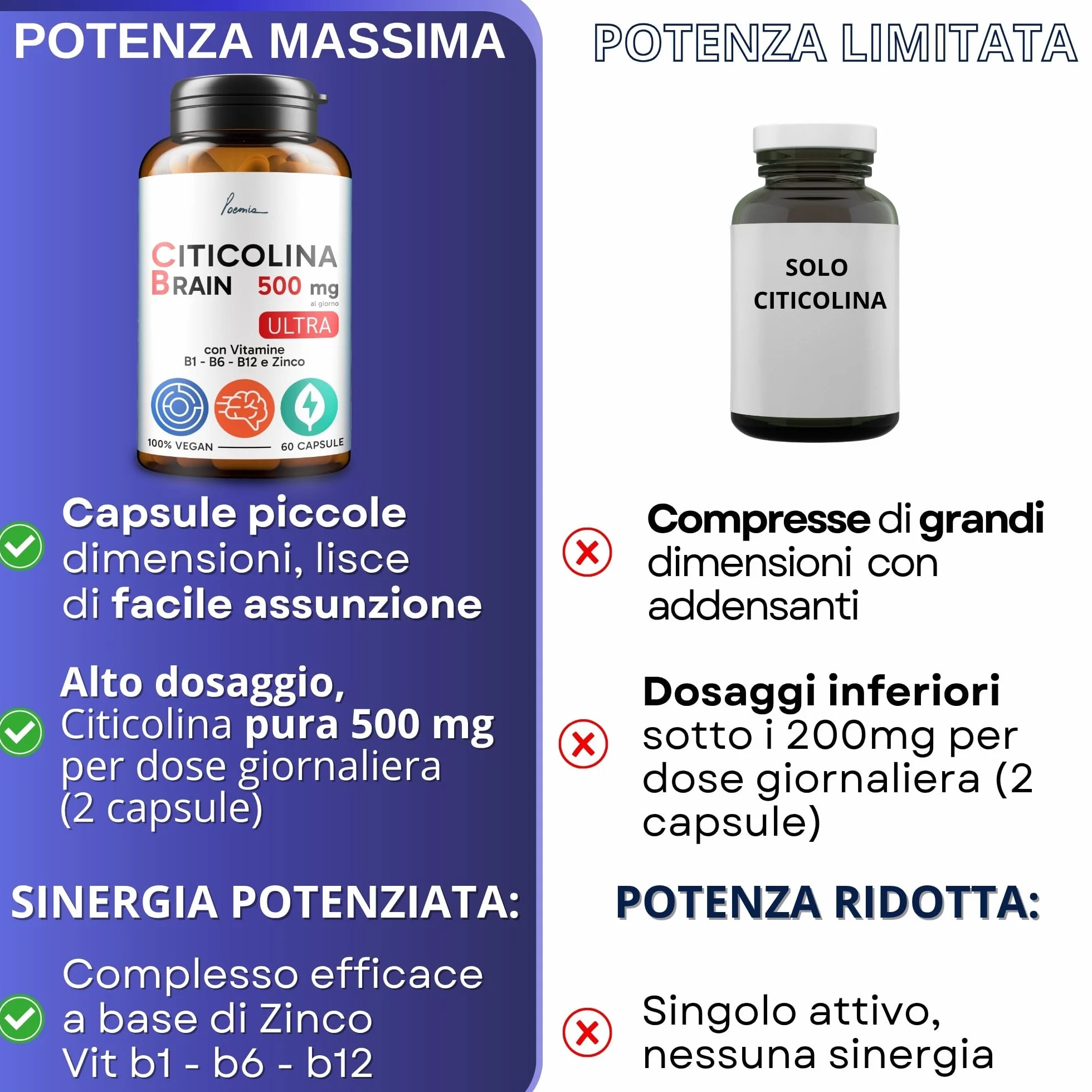 Citicolina 500mg Integratore Memoria Concentrazione Zinco Vitamine B6 B1 B12 60 Capsule