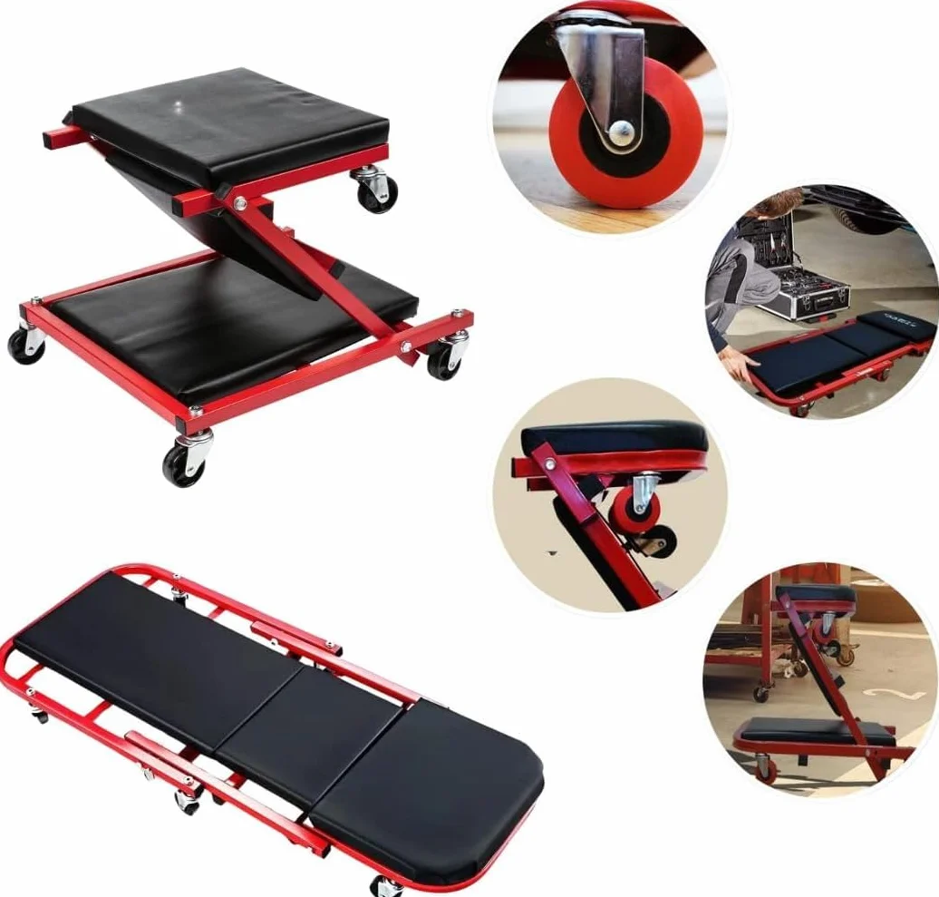 Carrello Meccanico 2 in 1 Pieghevole con Ruote – Lettino Sottoscocca e Sedile Officina, Acciaio, Altezza Regolabile, Portata Elevata