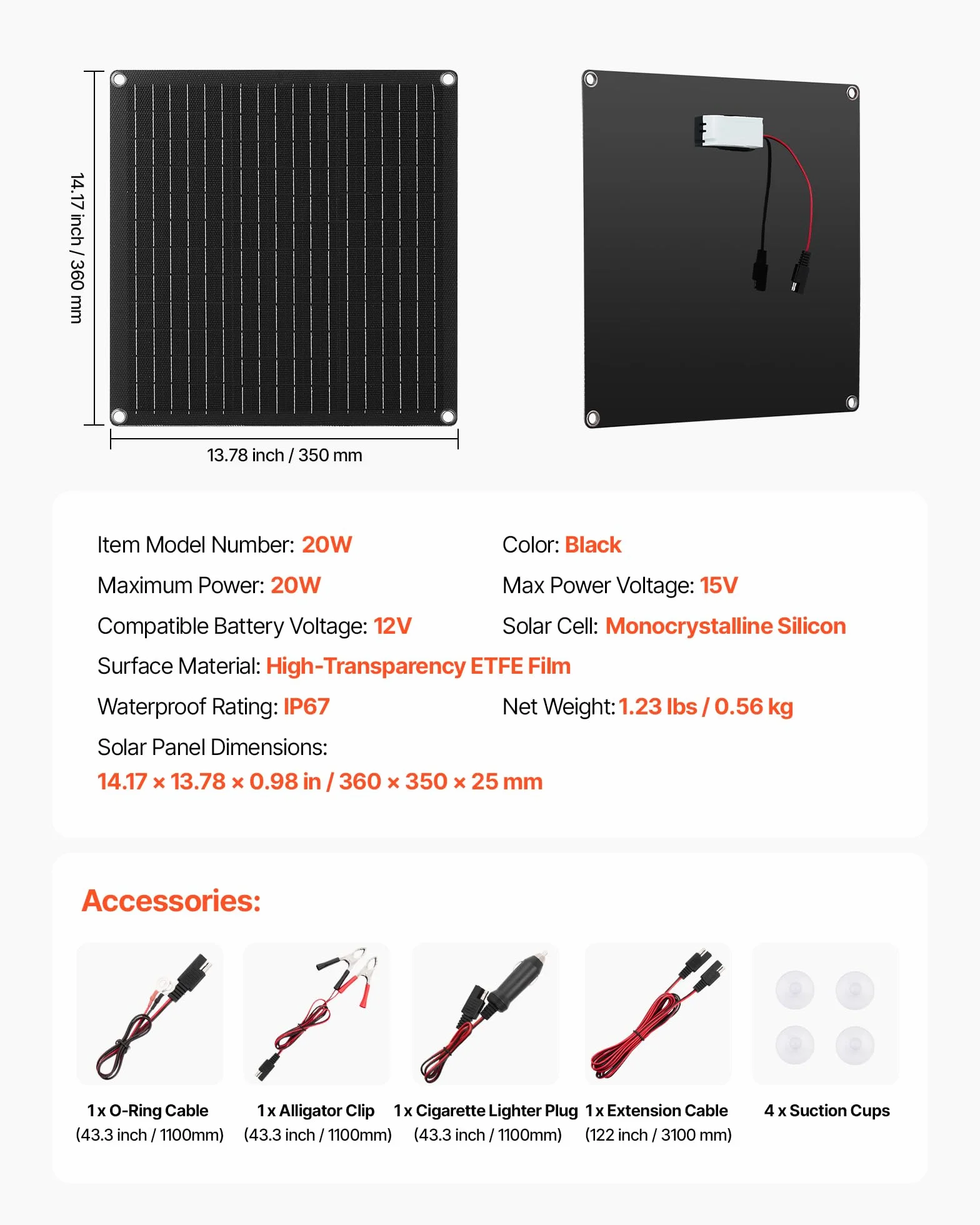 VEVOR Caricabatteria Solare da 20 W 12 V, Caricabatteria Solare con Regolatore Integrato 3 Cavi di Collegamento, Impermeabile IP67, Portatile per Camper, Auto, Moto, Barche, Furgoni, Roulotte