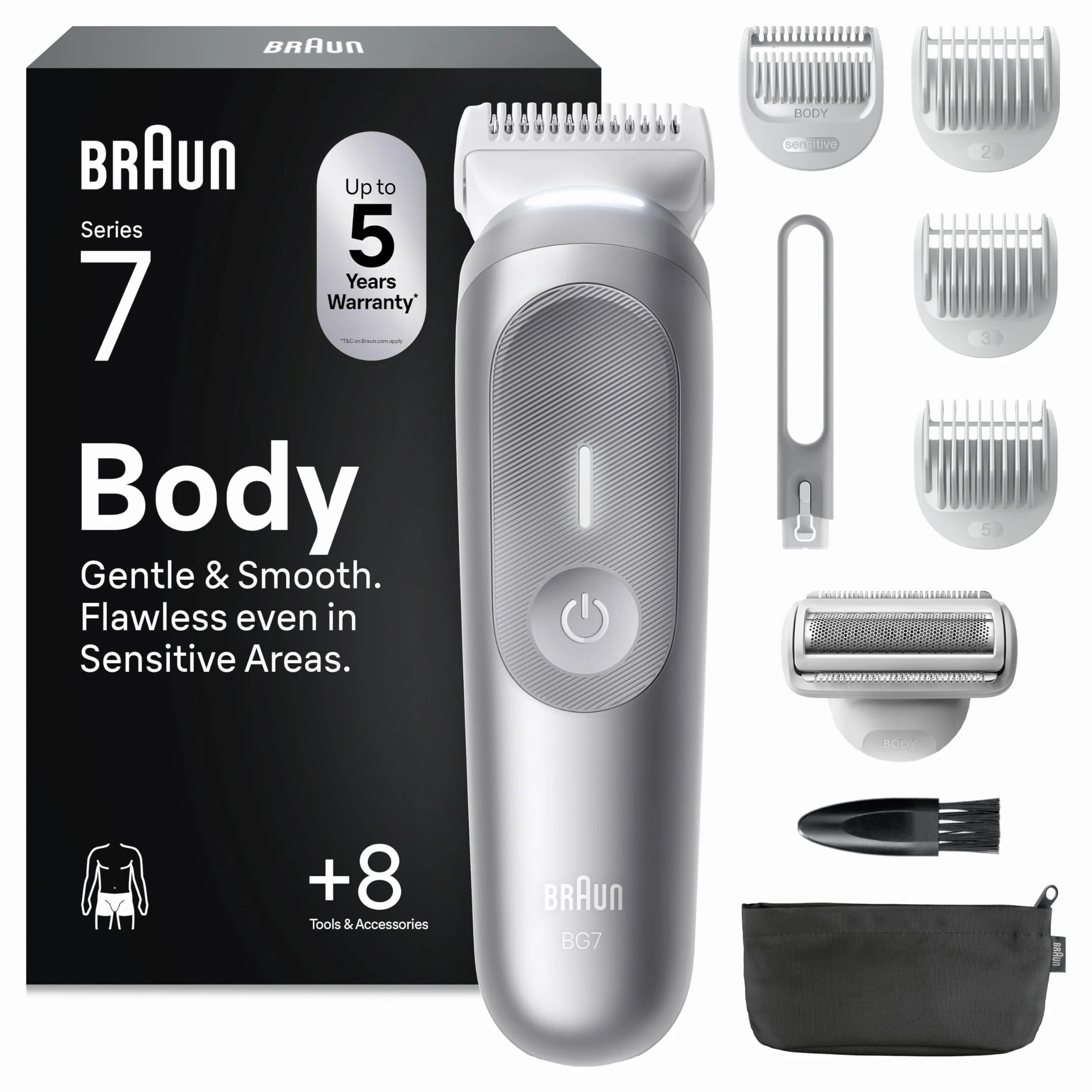 Braun Series 7 Rasoio Elettrico Corpo Uomo, 8 Strumenti Cura Corpo, Smartlight, SkinGuard, 100 Min Utilizzo, Impermeabile, Grigio