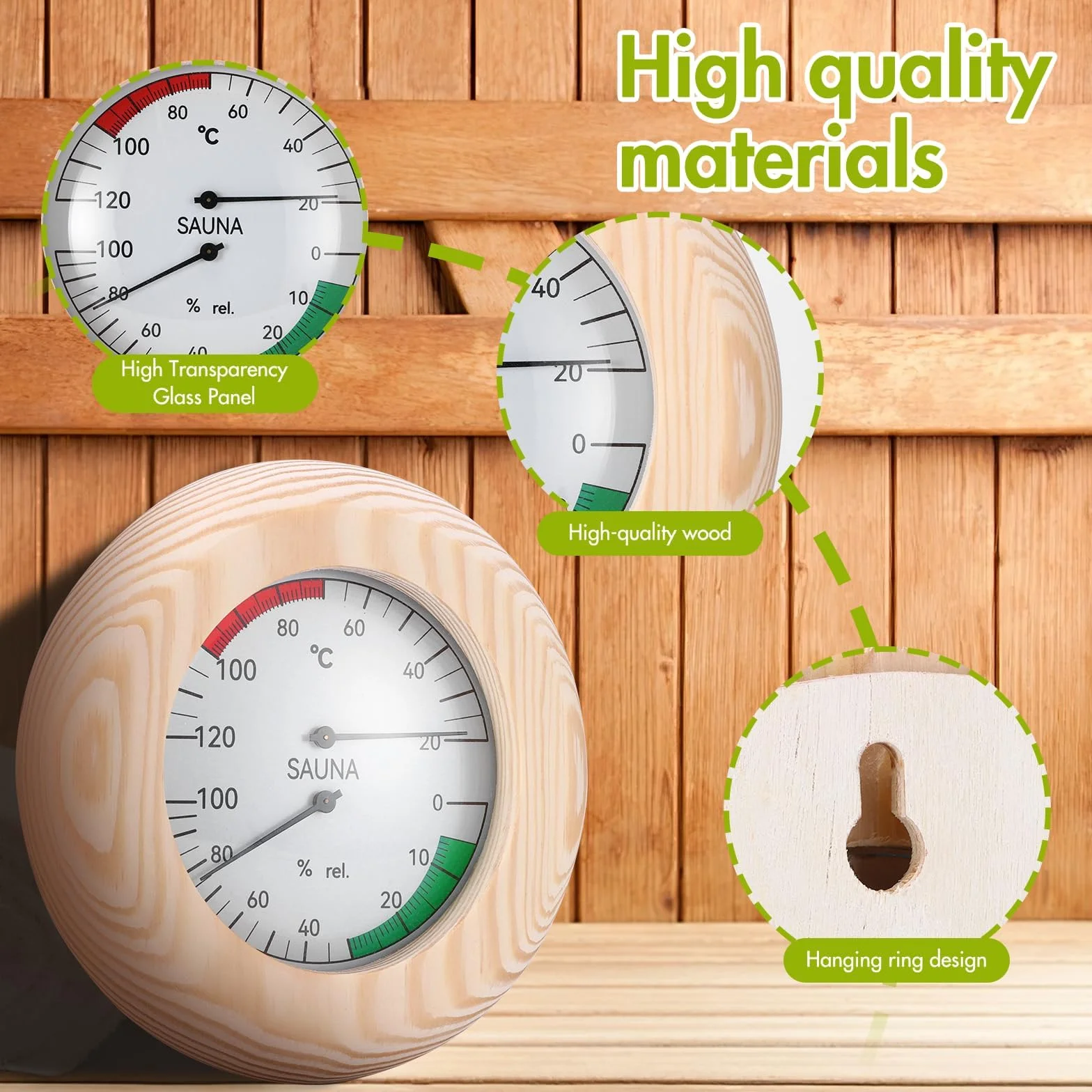 Termometro Igrometro Legno 2 in 1 Alta Precisione, Misuratore Umidità Rotondo per Sauna Bagno Turco