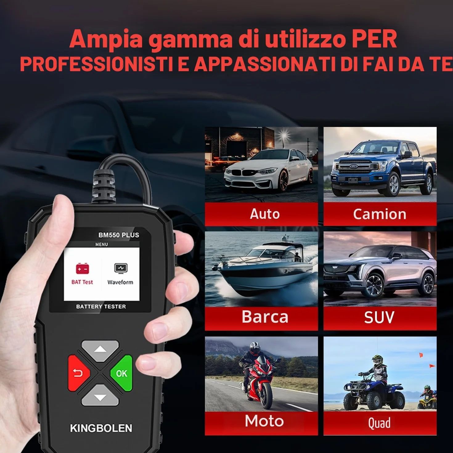 KINGBOLEN BM550 PLUS Tester Batteria 6V 12V 24V Con Display LED, 100-2000CCA 2-220Ah Analizzatore Digitale per Auto, Camion, Marina, Moto