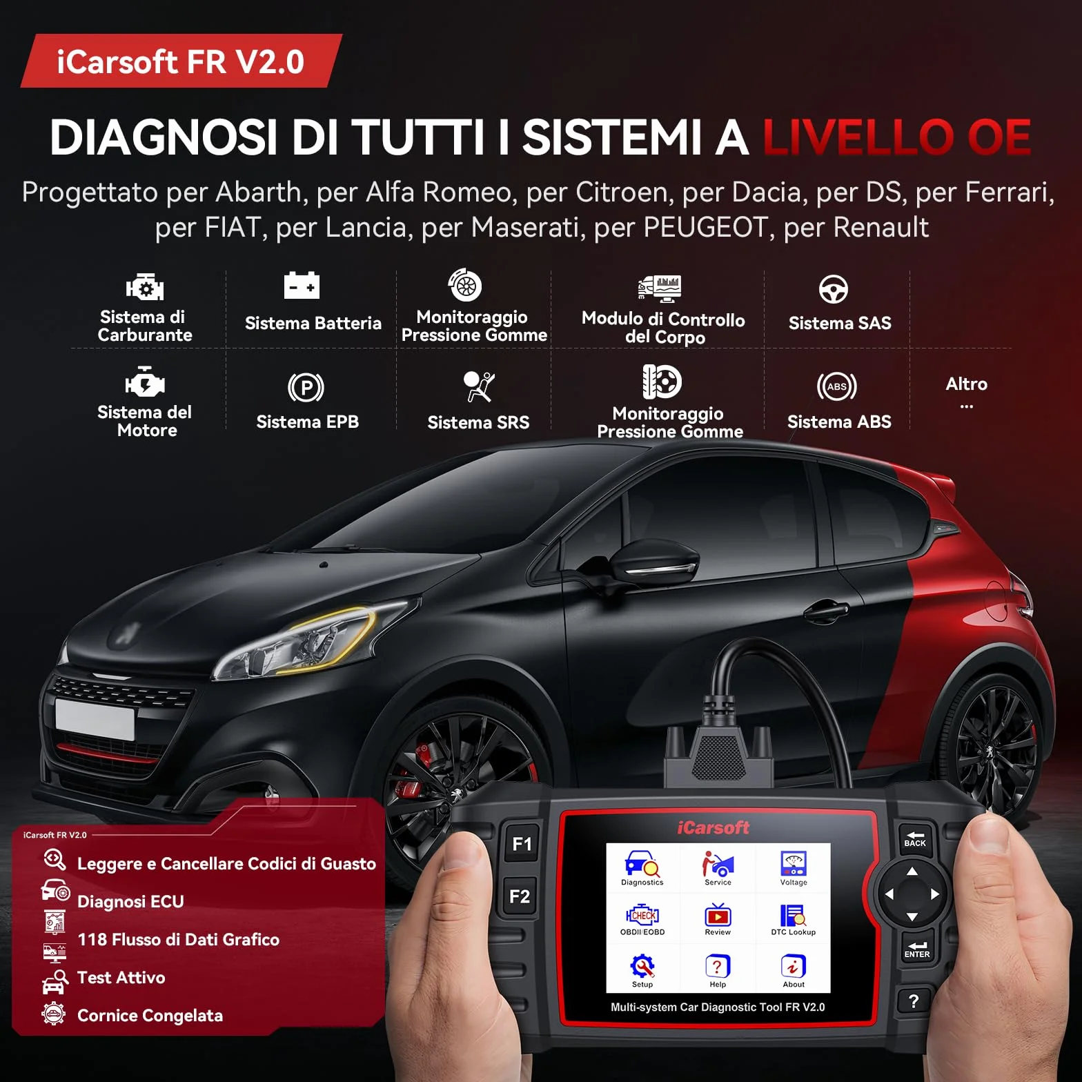 iCarsoft FR V2.0 OBD2 Diagnostica Auto Francesi e Italiani, Tutti i Sistemi, 9 Funzioni Ripristino, Aggiornamento a Vita