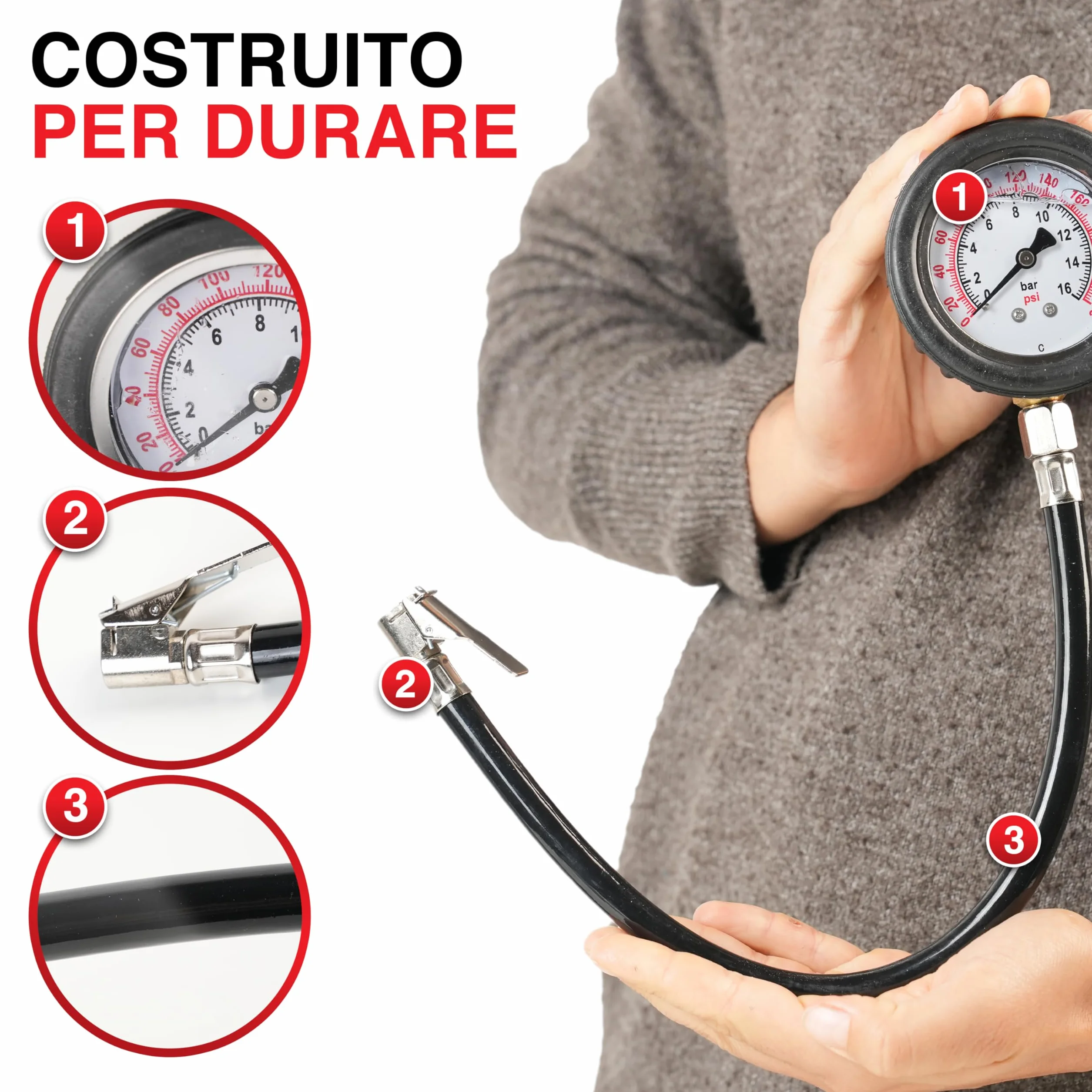 Manometro Pressione Gomme Professionale 46 cm, Misuratore Alta Precisione, Quadrante Analogico, Auto Moto