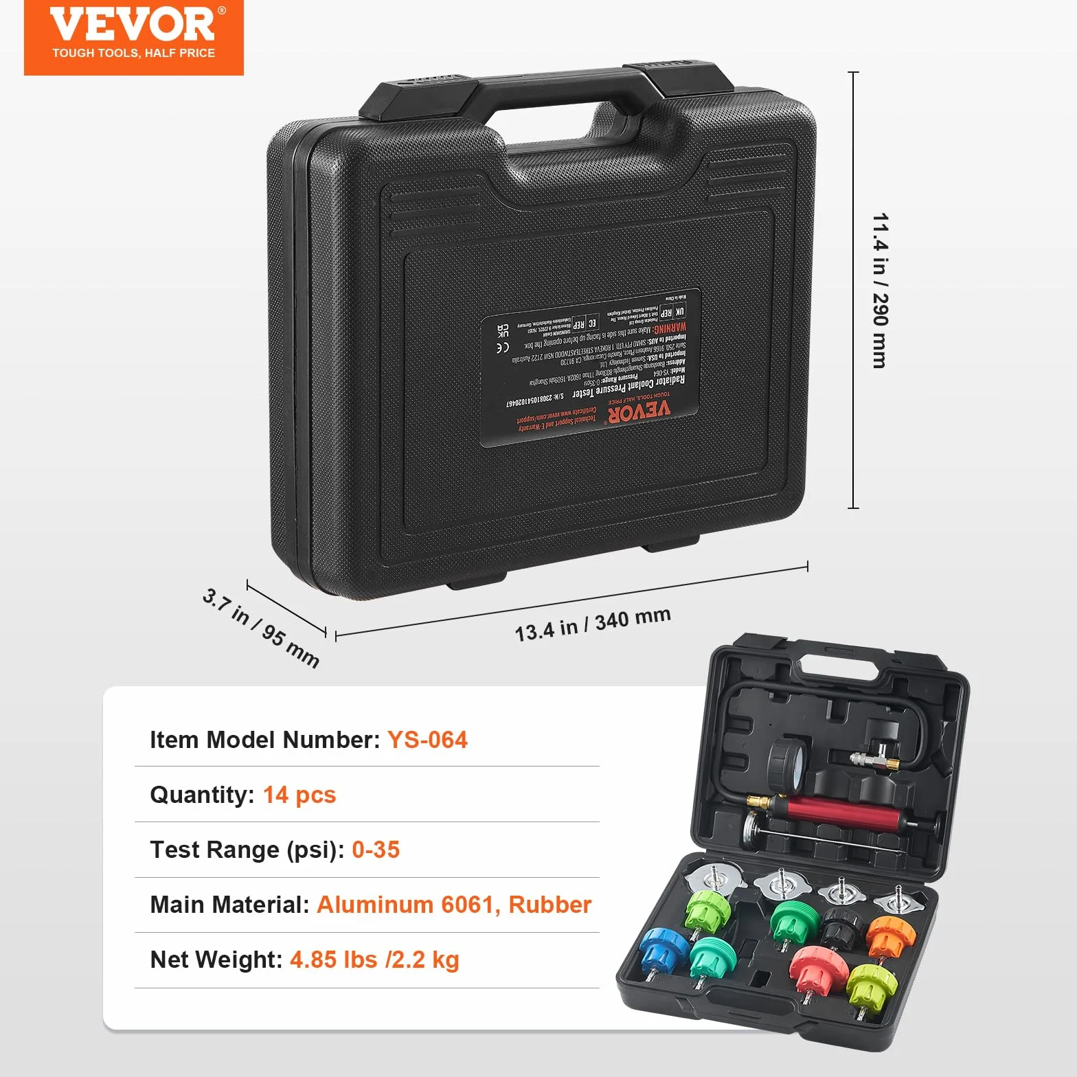 VEVOR Kit Tester Universale per Pressione di Sistema Raffreddamento del Radiatore con Adattatori per Pompa a Mano Tappi Codificati a Colori, Strumenti per Pressione con Valigetta per Auto Moto Camion