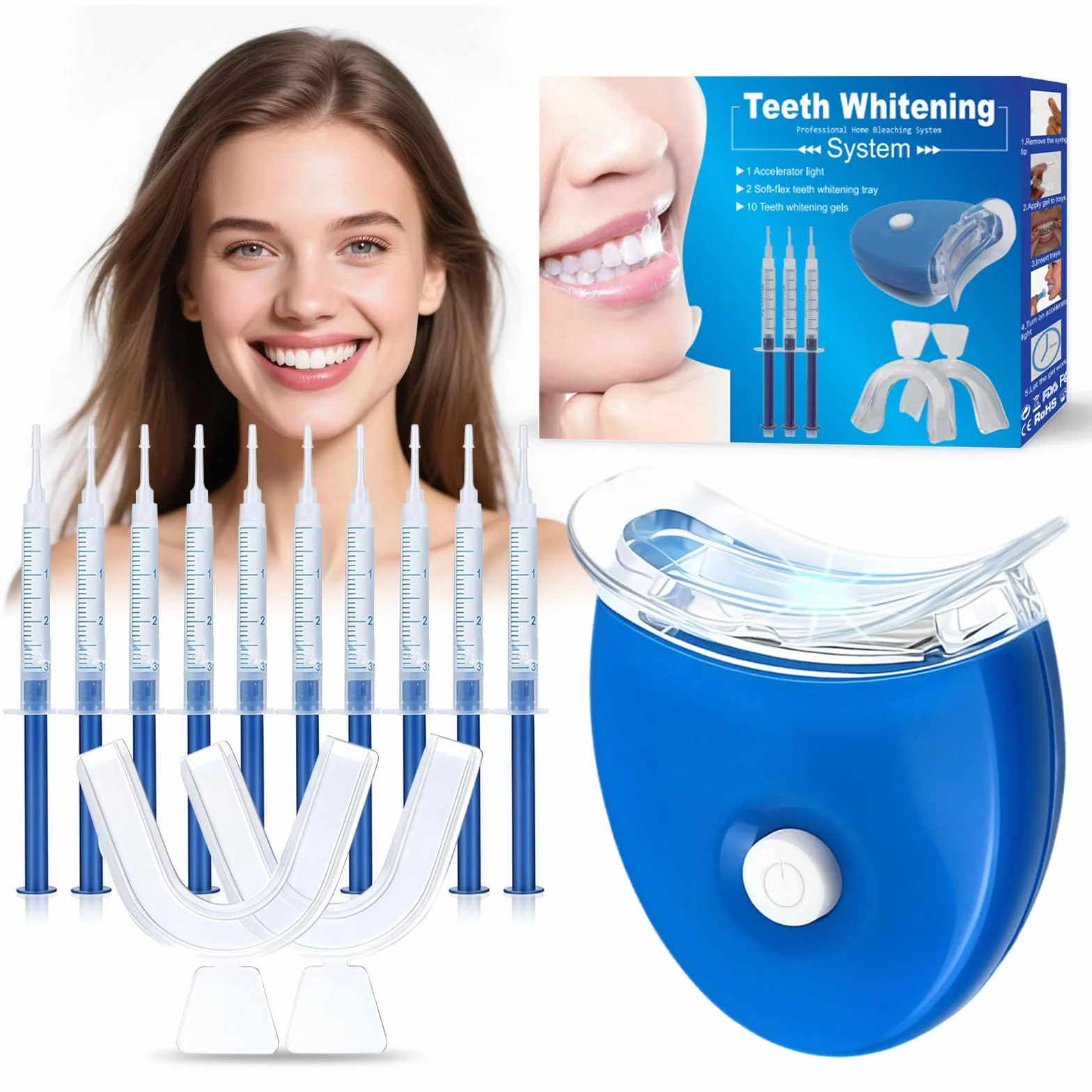 Kit sbiancante per denti, 10 gel sbiancanti ad azione rapida, 2 parentesi graffe, sbiancamento domestico