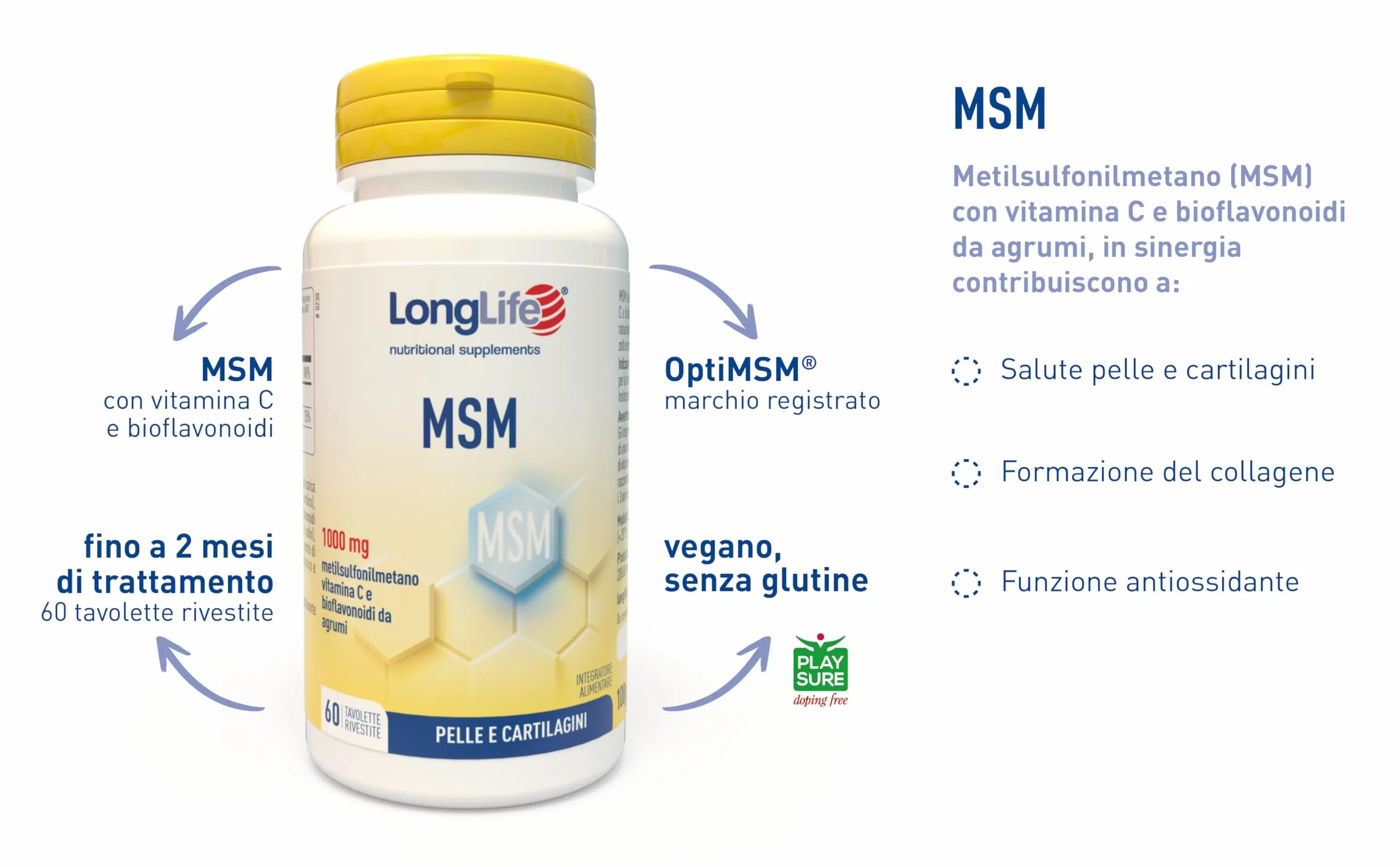 LongLife® MSM con vitamina C e bioflavonoidi 2000mg OptiMSM® dose giornaliera alto dosaggio vegano senza glutine