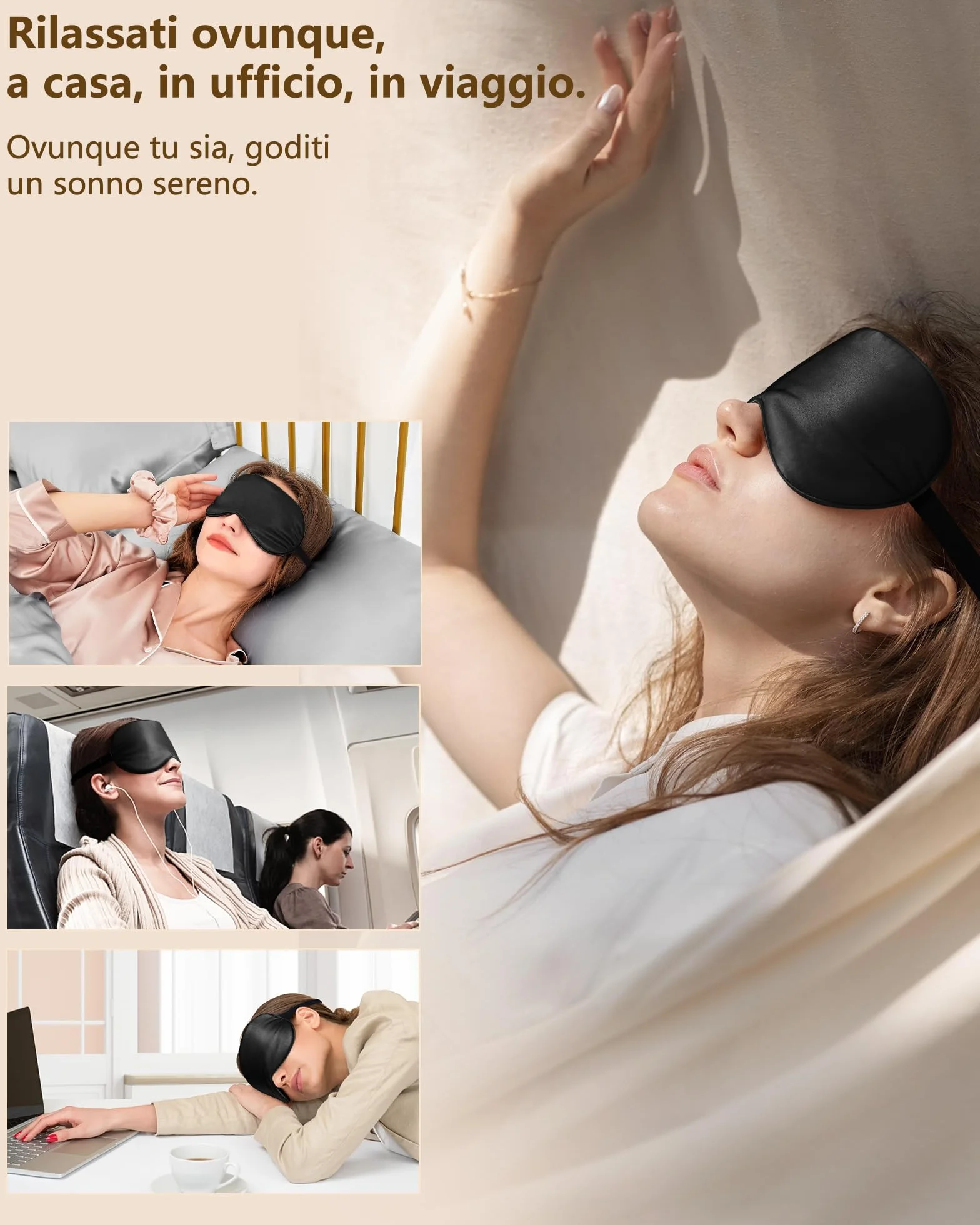 Aosun Mascherina per Dormire in Pura Seta di Gelso al 100% Ipoallergenica Oscurante con Fascia Regolabile Nero