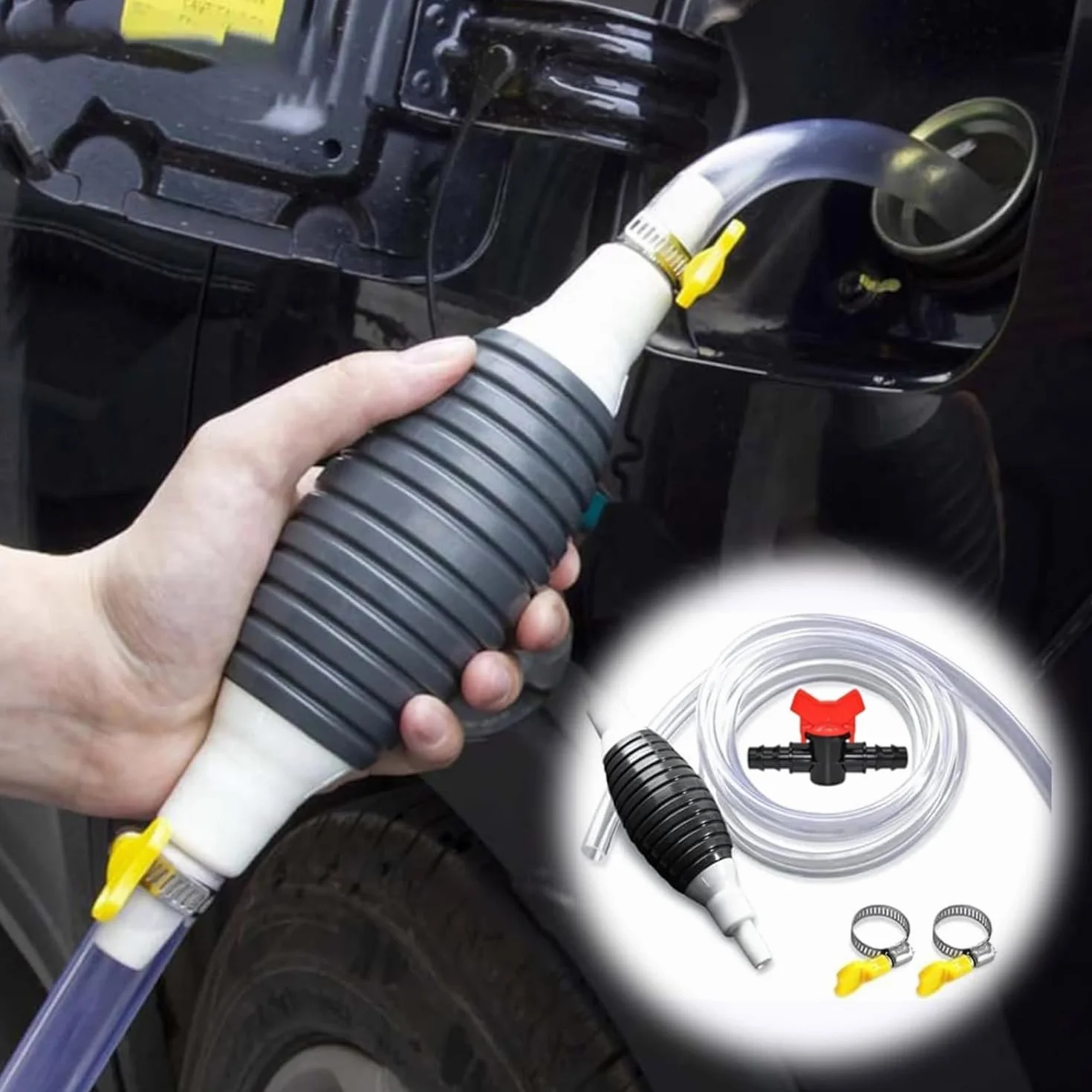 Pompa Manuale a Sifone, Pompa di Trasferimento Manuale con Tubo Flessibile Carburante da 2 M, Pompa Aspirazione a Diesel/Benzina/Acqua/Olio/Liquido/Gas Pompa