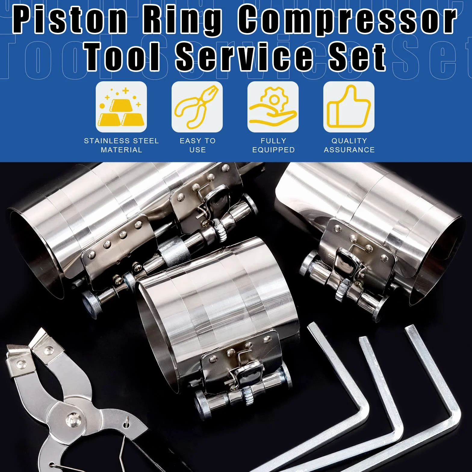 Glarks Set di 7 attrezzi per compressore ad anello pistone da 7,6 cm, 10,2 cm, 15,2 cm, set di utensili per compressore ad anello del motore dell'auto e pinze ad anello del pistone con viti di